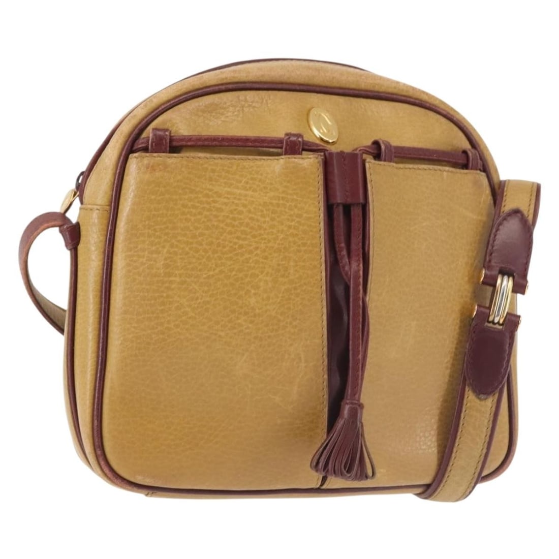 CARTIER Beige Gold Leather Shoulder Bag Auth BA6209: CARTIER Beige Gold Leather Shoulder Bag Auth BA6209 This elegant CARTIER Shoulder Bag is crafted from luxurious leather in a sophisticated beige and gold color scheme. The bag features a compact desig
