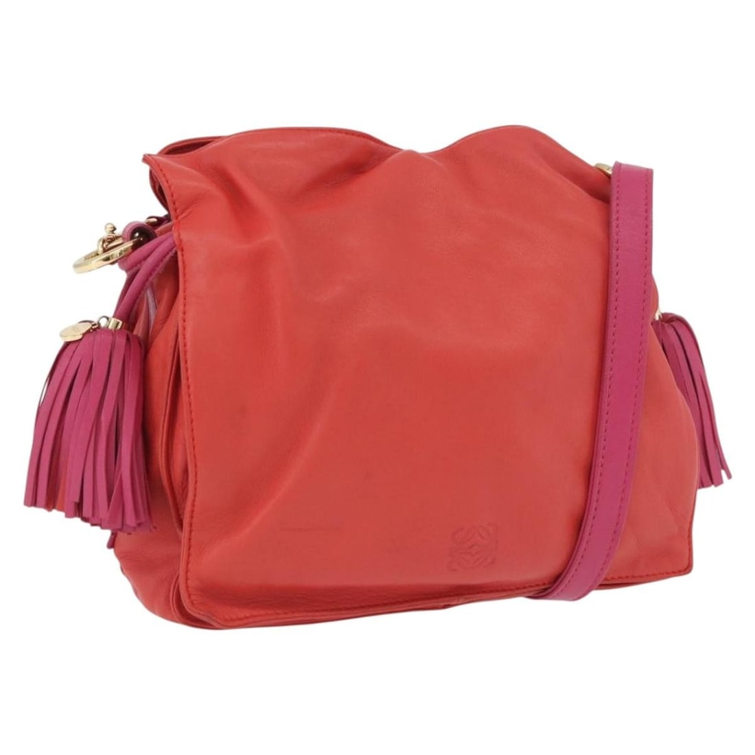 LOEWE Anagram Leather Shoulder Bag Orange Gold Tone Spain: LOEWE Anagram Leather Shoulder Bag Orange Gold Tone Spain A LOEWE Anagram shoulder bag crafted from leather in orange with gold-tone metal fittings. It features a shoulder strap and measures approxima