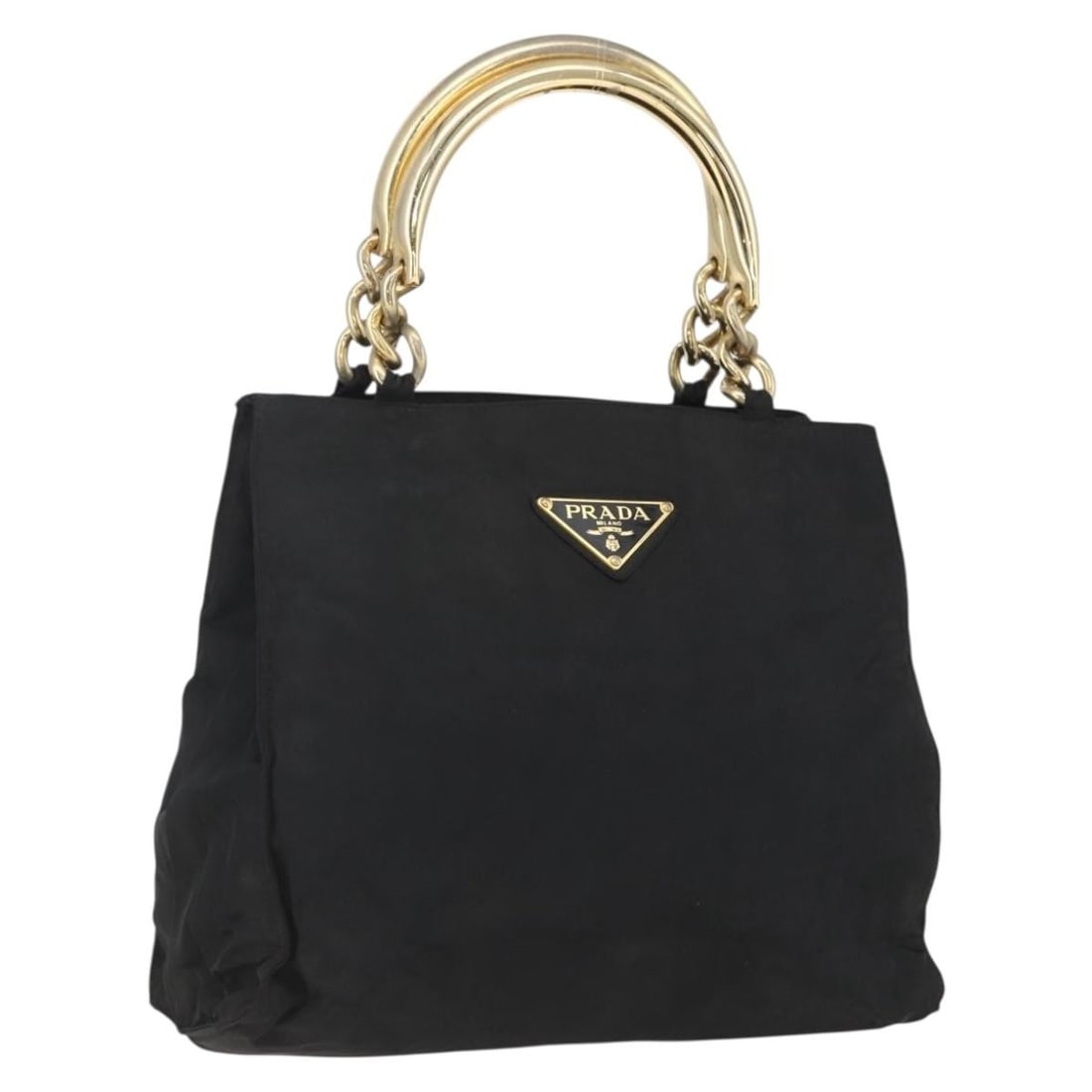 Black Nylon Prada Chain Shoulder Bag with Gold Tone Details: Black Nylon Prada Chain Shoulder Bag with Gold Tone Details This PRADA chain handbag is crafted from black nylon with gold-tone accents, designed for women. The bag features a spacious interior and a 