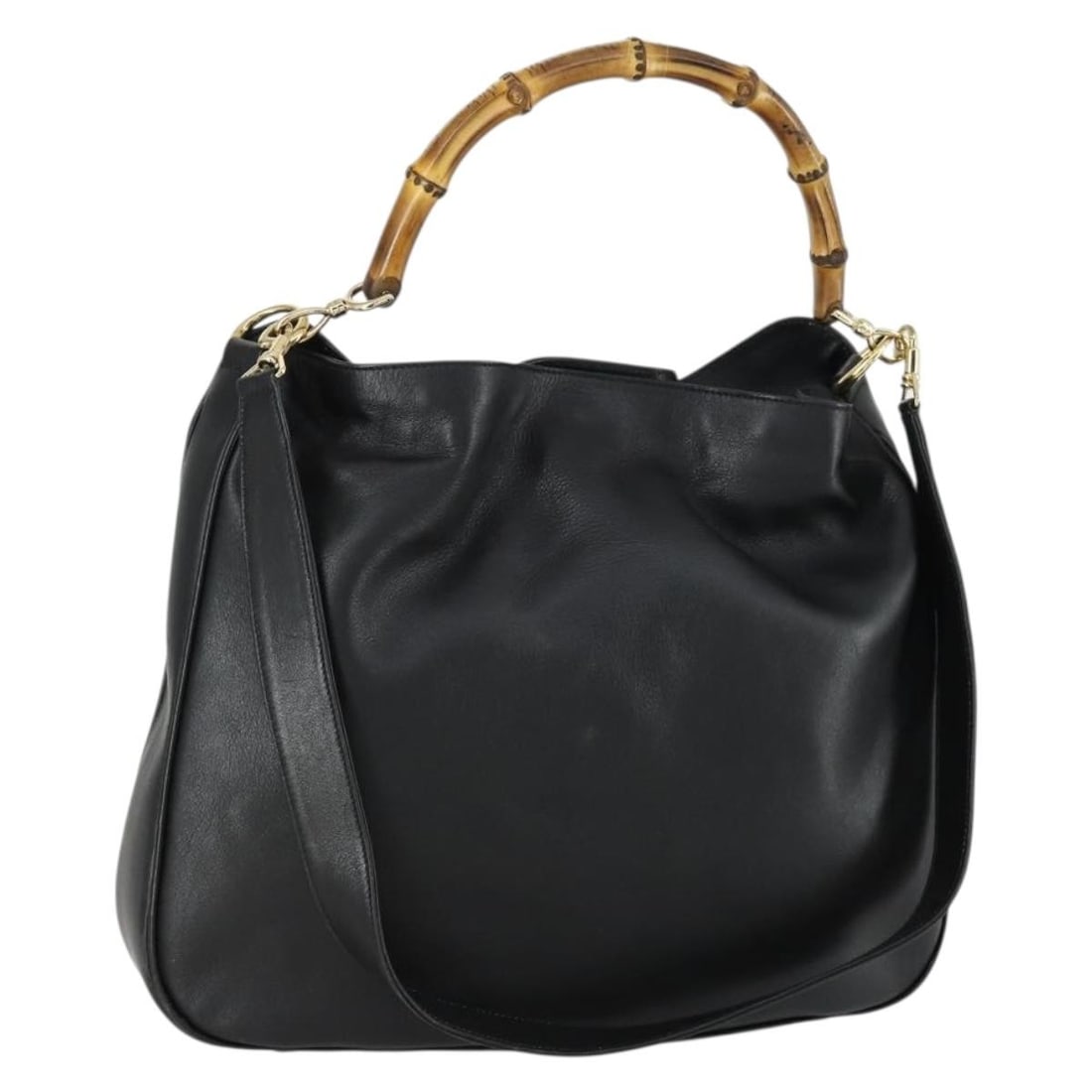 Black Leather Gucci Bamboo Shoulder Bag with 2way Strap and Gold Accents 001 1577: Black Leather Gucci Bamboo Shoulder Bag with 2way Strap and Gold Accents 001 1577 This GUCCI Bamboo Shoulder Bag is crafted from black leather with gold-tone accents and features both a shoulder strap