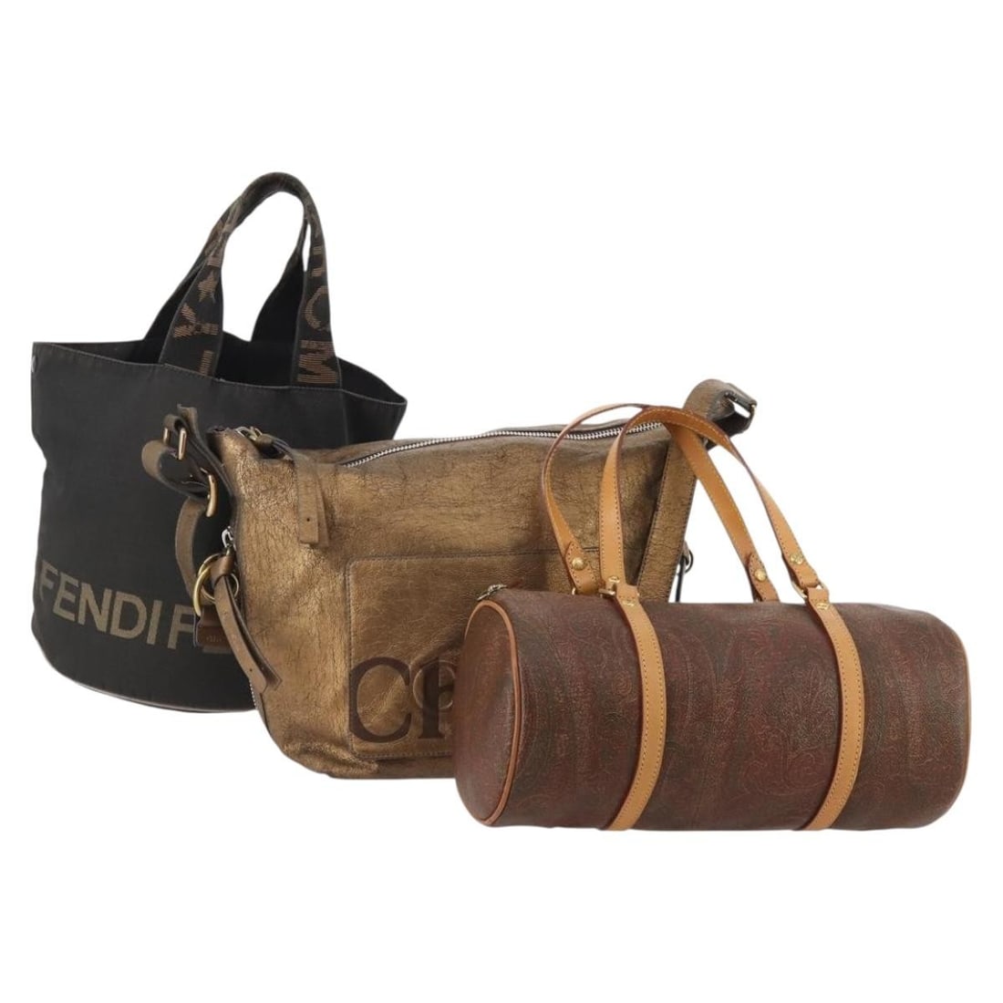 Chloe Black Brown PVC Leather Shoulder Bag Set: Chloe Black Brown PVC Leather Shoulder Bag Set This listing features a set of three Chloe, Fendi, and Etro shoulder bags crafted from PVC leather and nylon in black and brown tones. The set is designe