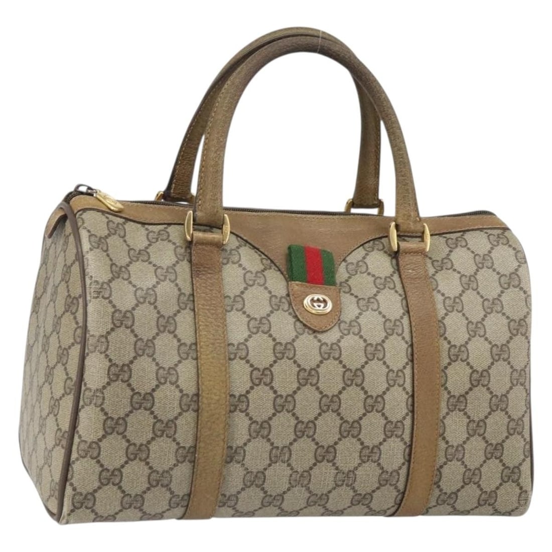Gucci Boston Bag GG Supreme Web Sherry PVC Beige Gold 40 02 007 Italy: Gucci Boston Bag GG Supreme Web Sherry PVC Beige Gold 40 02 007 Italy This is a Gucci GG Supreme Web Sherry Line Boston Bag crafted from beige and gold PVC leather with GG canvas accents. The bag feat