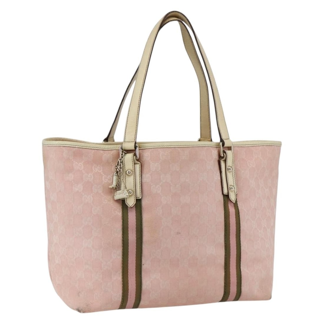 Gucci 139260 Sherry Line GG Canvas Tote Bag Pink Gold Charm: Gucci 139260 Sherry Line GG Canvas Tote Bag Pink Gold Charm A Gucci Sherry Line tote bag in pink and gold GG canvas, made in Italy. It features a charm accessory and a tote bag style. The bag is descr