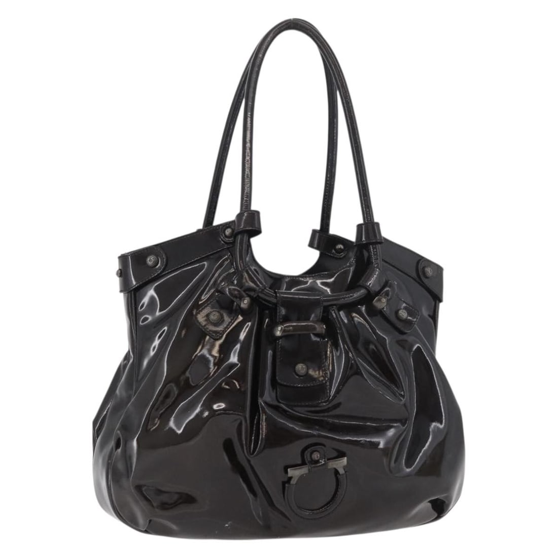 Salvatore Ferragamo Dark Brown Patent Leather Gancini Handbag: Salvatore Ferragamo Dark Brown Patent Leather Gancini Handbag This Salvatore Ferragamo Gancini handbag is crafted from dark brown patent leather and features a classic design. Made in Italy, this wome