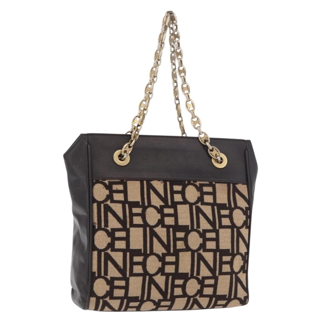 Celine Beige Wool Knit Chain Strap Shoulder Bag Gold Tone: Celine Beige Wool Knit Chain Strap Shoulder Bag Gold Tone A CELINE chain shoulder bag in beige and gold, made from wool and presented in a knitted fabric style. It measures approximately W23 cm x H22 