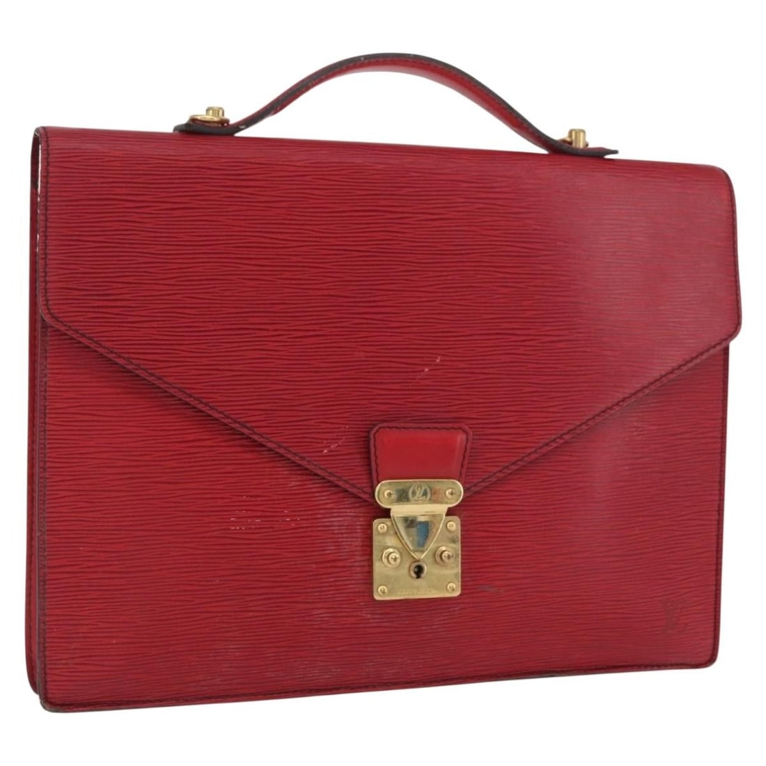 Louis Vuitton Epi Leather Red Briefcase Porte Documents Bandouliere: Louis Vuitton Epi Leather Red Briefcase Porte Documents Bandouliere This Louis Vuitton Epi Porte Documents Bandouliere briefcase is crafted from red Epi leather and features a structured silhouette de
