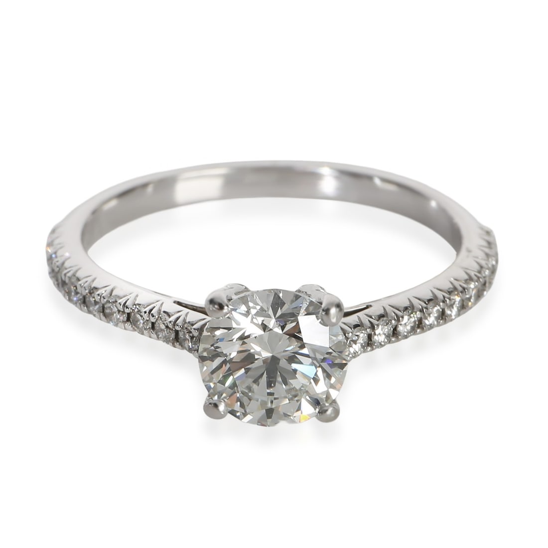Tiffany Co Novo Platinum Engagement Ring 0.91 ct Round Diamond: Tiffany Co Novo Platinum Engagement Ring 0.91 ct Round Diamond Tiffany & Co. Novo engagement ring in platinum, featuring a 0.91 ct round brilliant diamond accented by additional diamonds. This pre-own