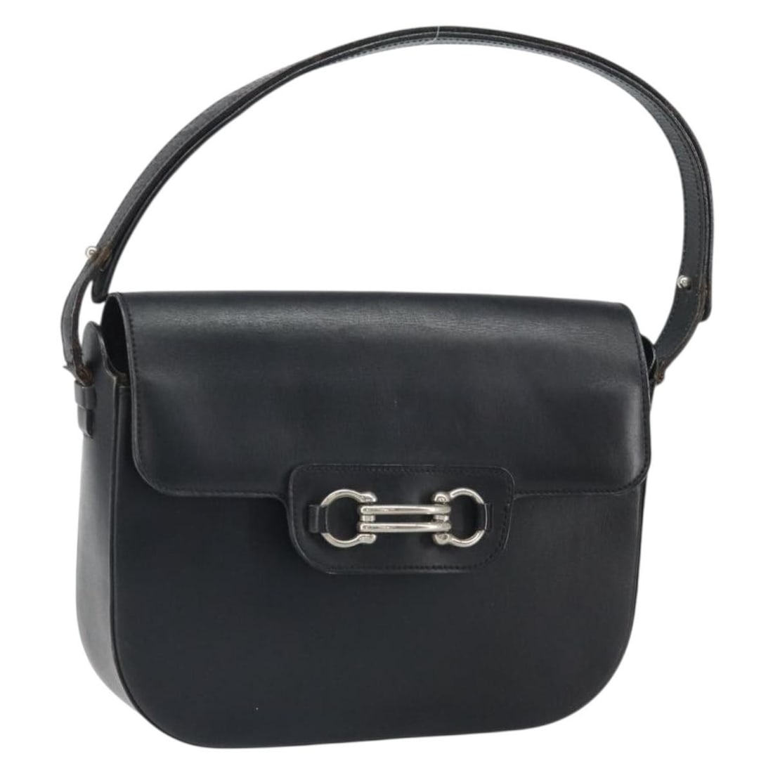 Black Leather Dior Horsebit Shoulder Bag with Silver Accents: Black Leather Dior Horsebit Shoulder Bag with Silver Accents This Christian Dior shoulder bag features a black leather exterior with silver-tone accents and a horsebit detail. Designed for versatile w