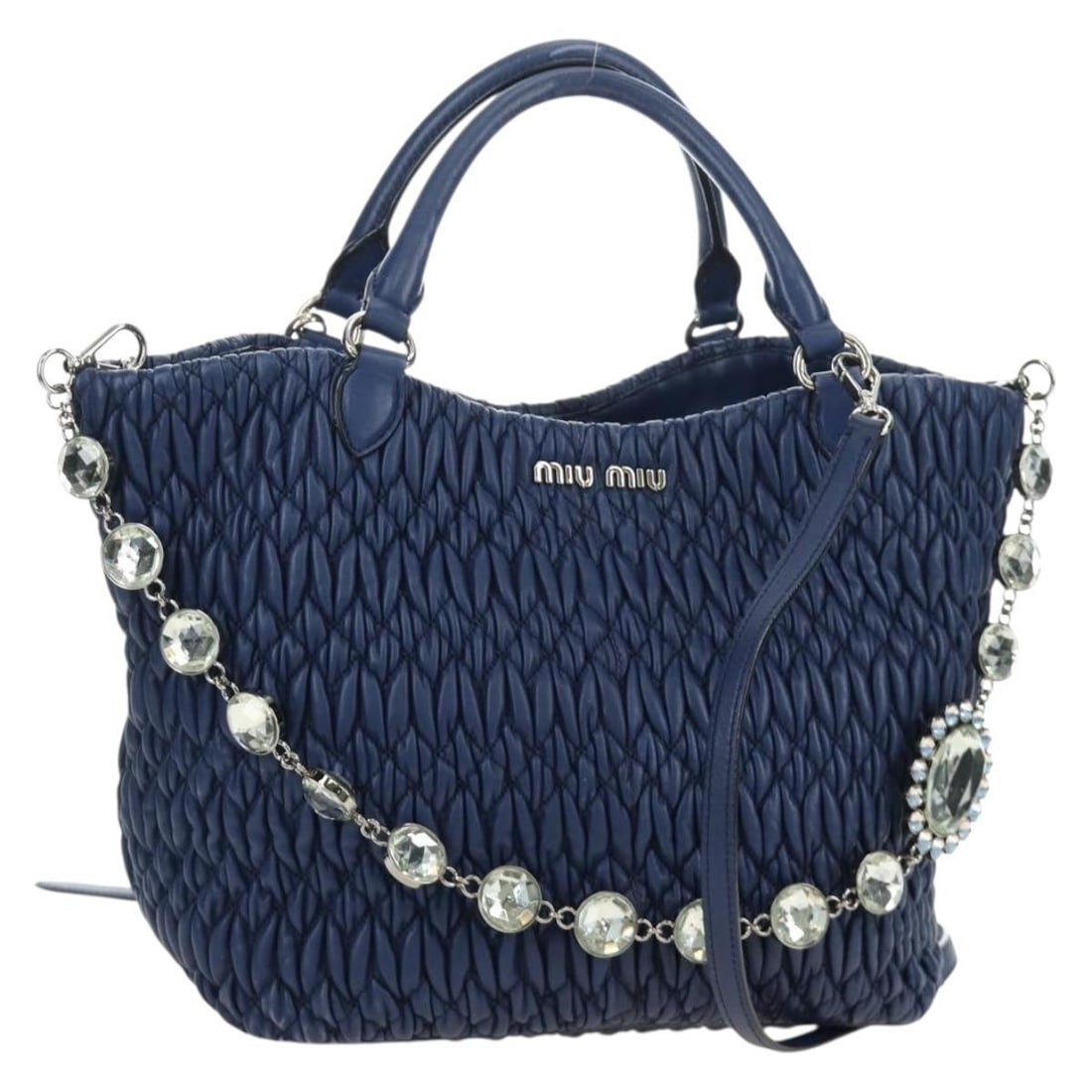 Miu Miu Crystal Matelasse Leather 3 Way Handbag Blue Silver: Miu Miu Crystal Matelasse Leather 3 Way Handbag Blue Silver Miu Miu Nappa Crystal Matelasse hand bag in leather, presented in blue and silver. This 3-way women's bag was made in Italy and comes with t