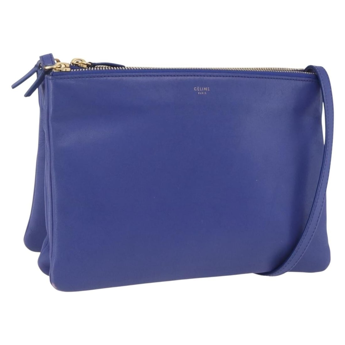 CELINE Trio Large Blue Leather Shoulder Bag Gold Accents: CELINE Trio Large Blue Leather Shoulder Bag Gold Accents This is a CELINE Trio Large Shoulder Bag crafted from blue leather with gold accents. Designed for women, the bag features a sleek silhouette w