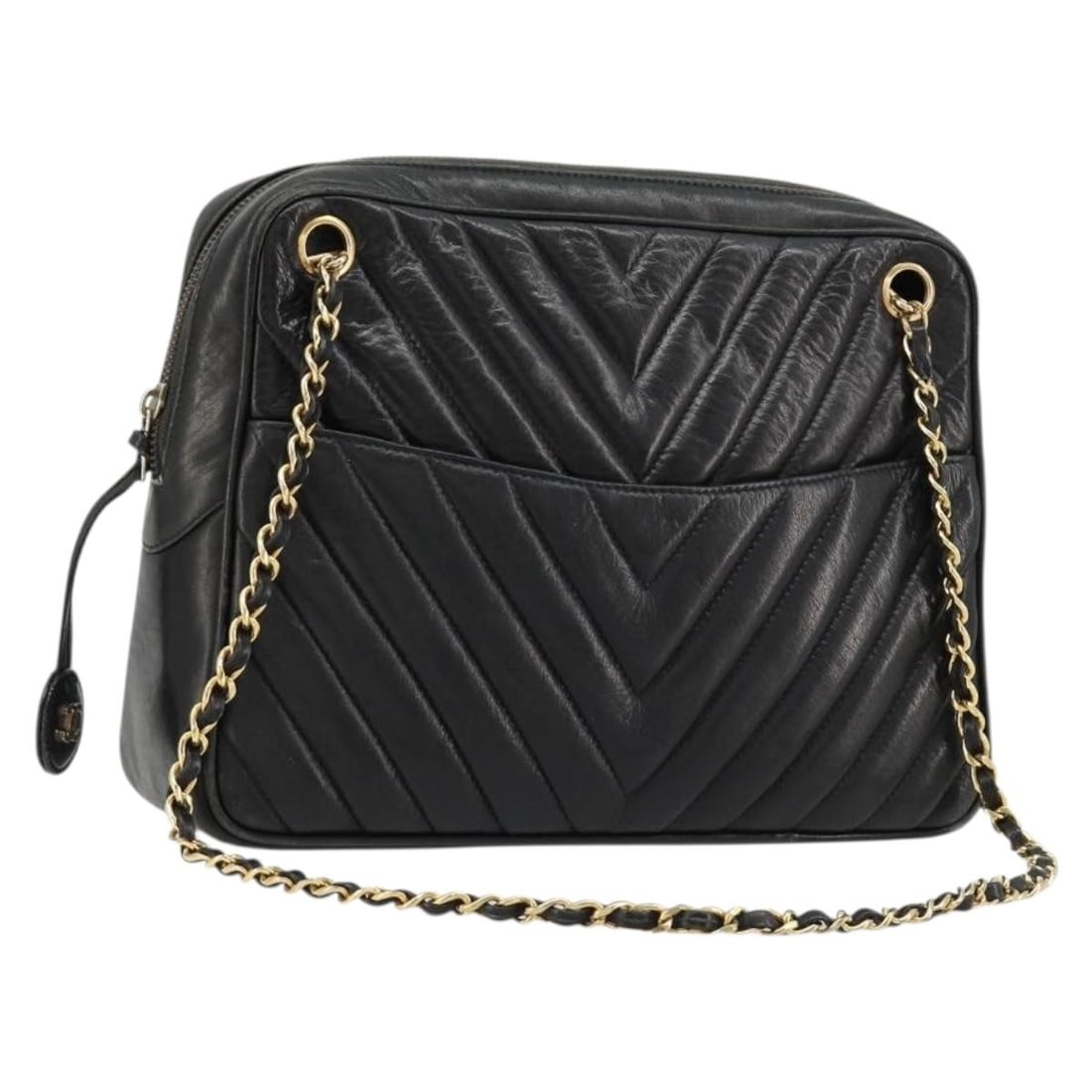 Chanel CC V Stitch Lamb Skin Shoulder Bag Black Gold: Chanel CC V Stitch Lamb Skin Shoulder Bag Black Gold This CHANEL V Stitch chain shoulder bag is crafted from black lamb skin with gold-tone details. It features a shoulder bag style and comes in the l