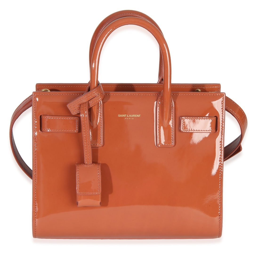 Saint Laurent Nano Sac de Jour patent leather handbag: Saint Laurent Nano Sac de Jour patent leather handbag This Saint Laurent Mild Rose Patent Nano Sac de Jour is a sophisticated handbag crafted from patent leather in brown and orange tones. Designed fo