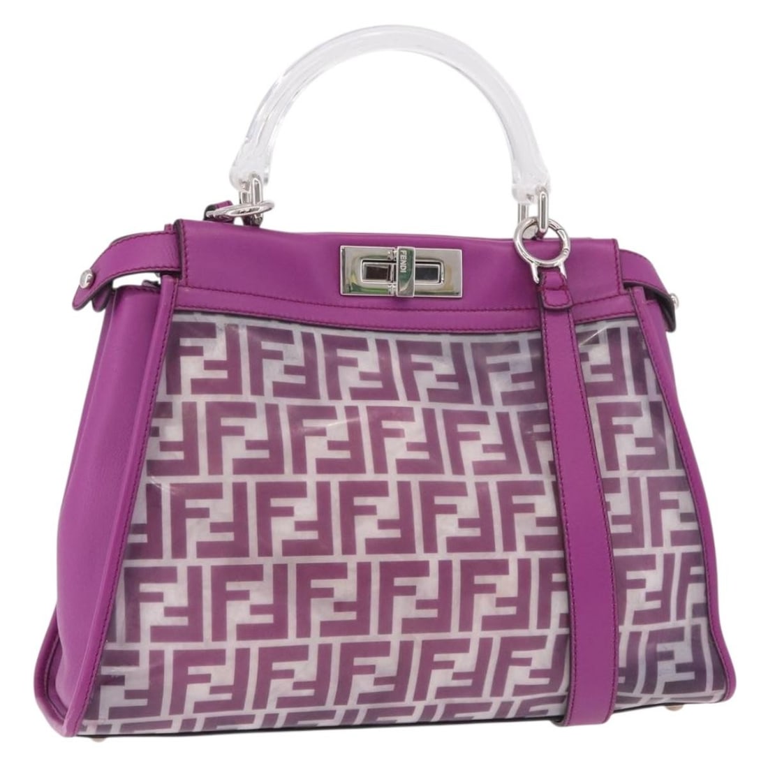 FENDI Zucca 2way Hand Bag Purple Silver Vinyl Leather Strap: FENDI Zucca 2way Hand Bag Purple Silver Vinyl Leather Strap Fendi 2-way handbag in purple and silver, made from vinyl and Zucca canvas. It includes a shoulder strap and is made in Italy. The bag measu