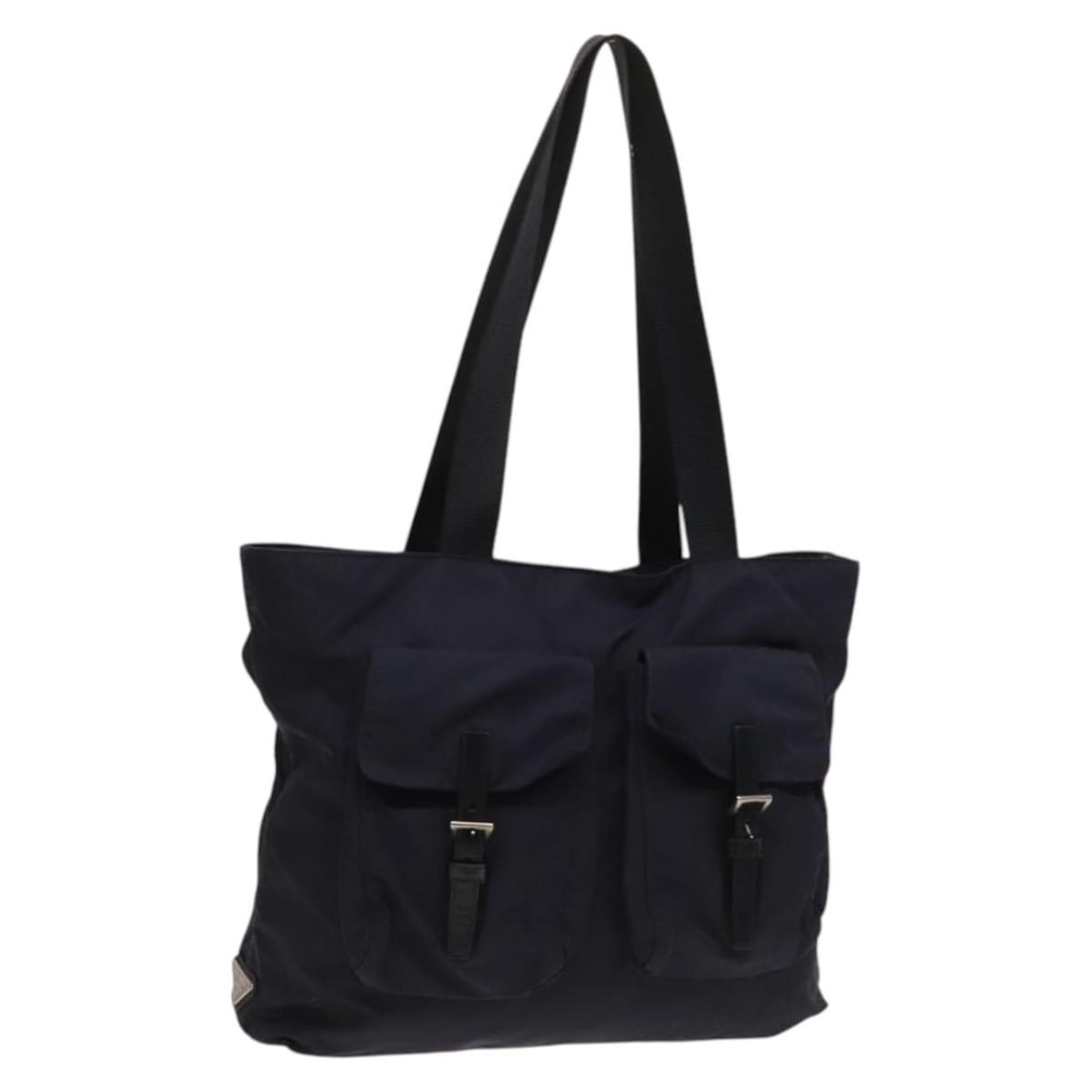 Prada navy silver nylon tote bag Italy: Prada navy silver nylon tote bag Italy This PRADA tote bag is crafted from navy nylon with silver-tone accents. Designed for women, it features a spacious interior and a comfortable handle drop. The b