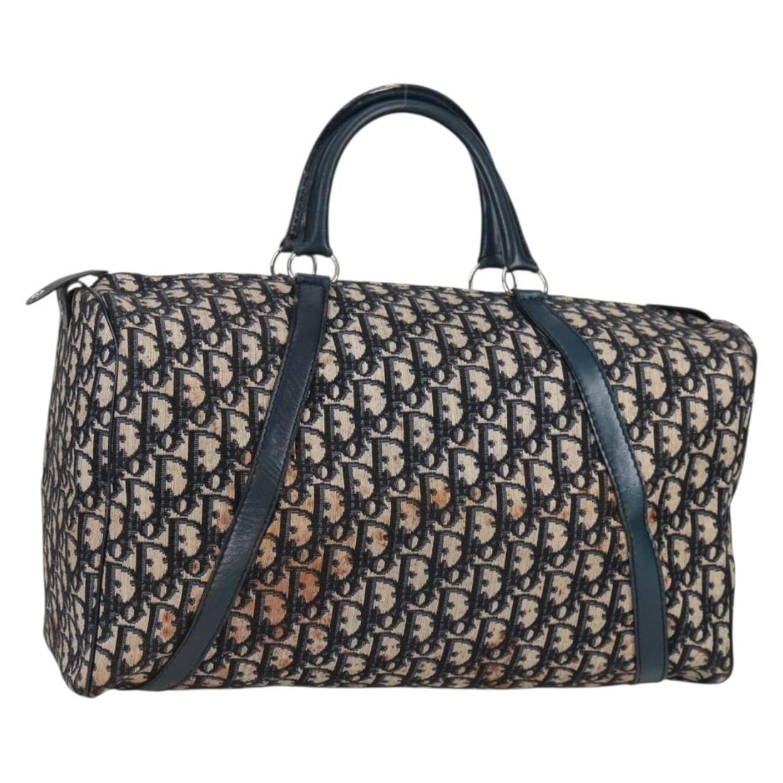 Christian Dior Trotter Canvas Boston Bag in Navy Silver: Christian Dior Trotter Canvas Boston Bag in Navy Silver Christian Dior Trotter Canvas Boston Bag in navy and silver. This Boston-style bag is made of Trotter canvas and was made in France. The listing