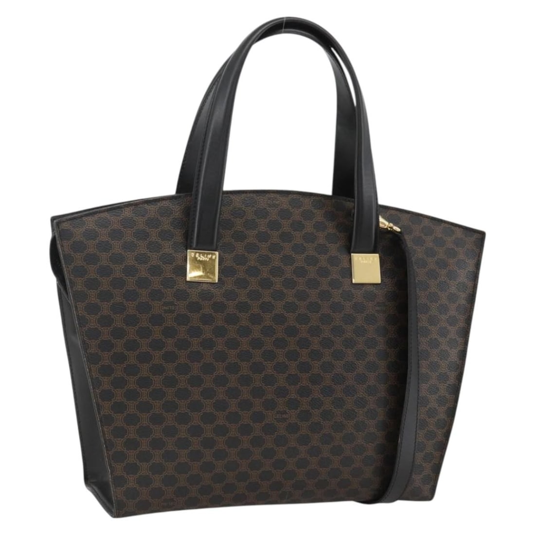 CELINE Macadam canvas PVC leather shoulder bag black gold Italy: CELINE Macadam canvas PVC leather shoulder bag black gold Italy This CELINE Macadam Canvas hand bag features a classic two-way design crafted from durable PVC leather and signature Macadam canvas in b