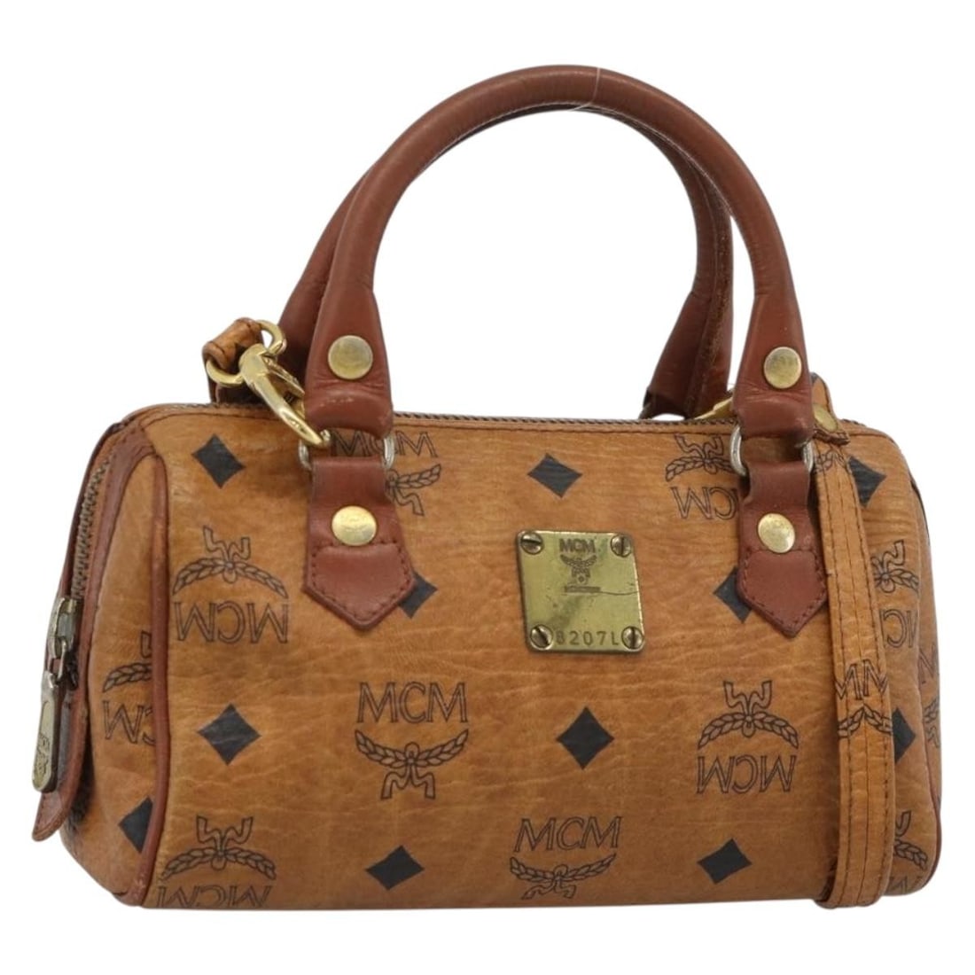 MCM Vicetos 2way Mini Boston Bag Brown PVC Leather Shoulder Strap: MCM Vicetos 2way Mini Boston Bag Brown PVC Leather Shoulder Strap MCM logogram Vicetos mini Boston bag in brown and gold PVC leather. This 2-way style includes a shoulder strap and was made in Germany