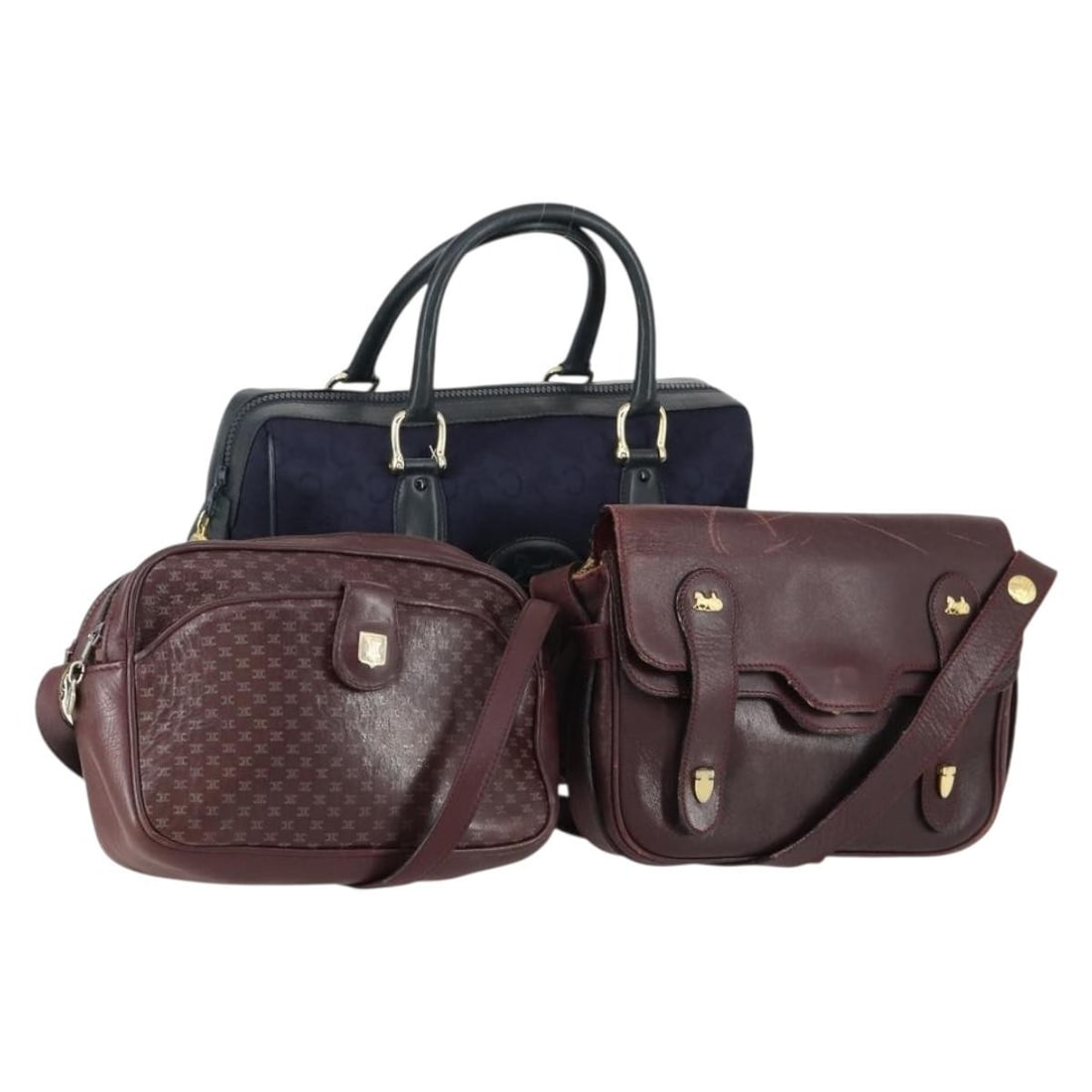 Set of 3 Celine Macadam Canvas and Leather Shoulder Bags Red Navy: Set of 3 Celine Macadam Canvas and Leather Shoulder Bags Red Navy This is a set of three CELINE shoulder bags featuring the signature Macadam canvas combined with leather in red and navy tones. Made i