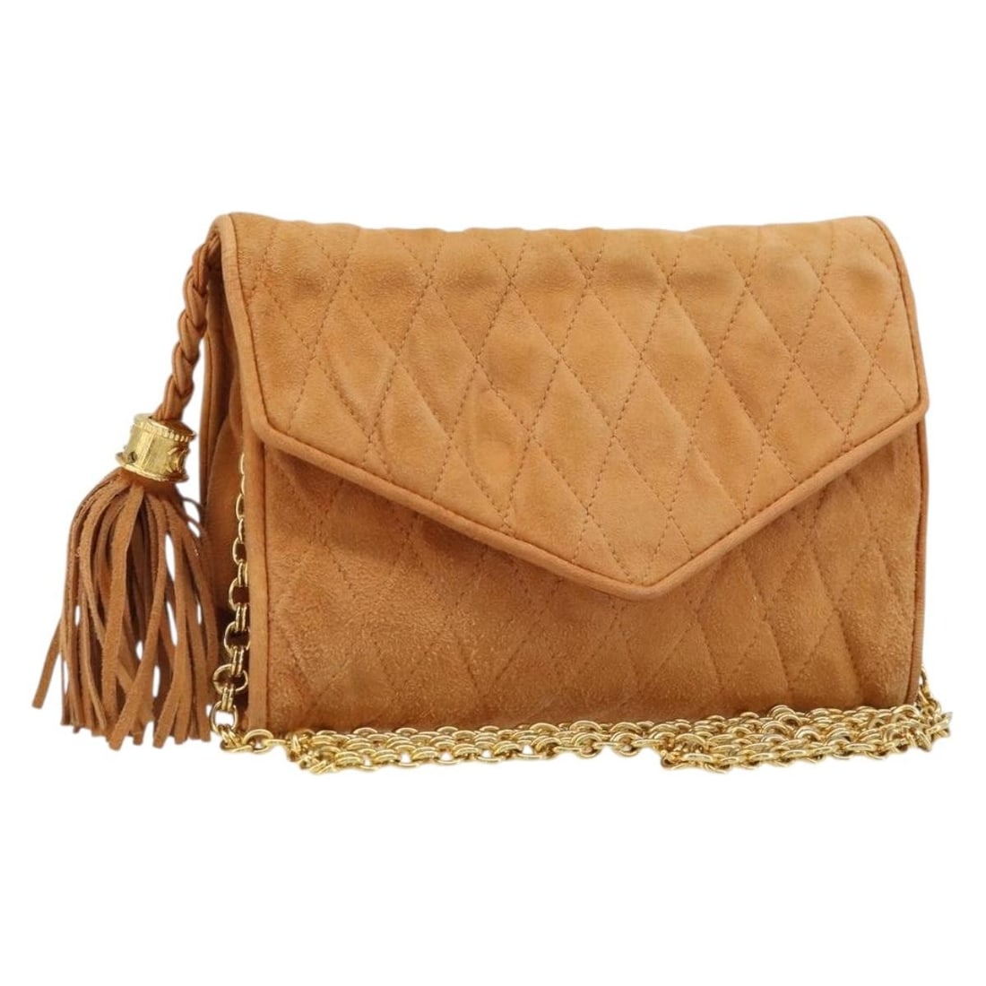 CHANEL CC Suede Shoulder Bag Brown Gold Chain Strap: CHANEL CC Suede Shoulder Bag Brown Gold Chain Strap CHANEL chain shoulder bag in brown suede with gold-tone exterior accents. Made in Italy, it features a shoulder strap drop of approximately 18.1 inc