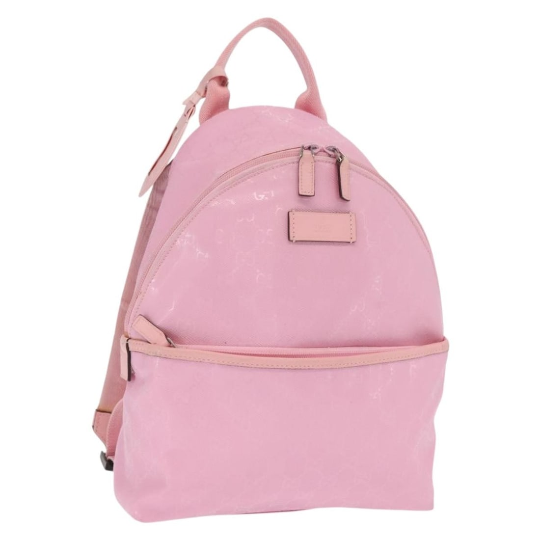 Silver and Pink PVC GG Canvas Backpack by Gucci Model 271327: Silver and Pink PVC GG Canvas Backpack by Gucci Model 271327 This Gucci GG Implementation backpack features a silver and pink color scheme with an exterior crafted from PVC leather and GG canvas. Made