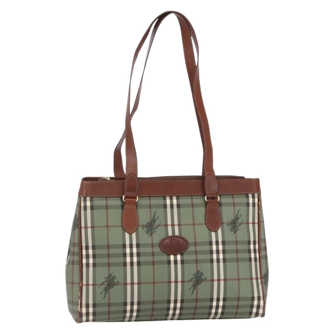 Burberrys Nova Check PVC Leather Tote Bag Green Gold: Burberrys Nova Check PVC Leather Tote Bag Green Gold This Burberrys Nova Check tote bag features a green and gold exterior crafted from PVC leather. The bag has a spacious interior with a practical ha