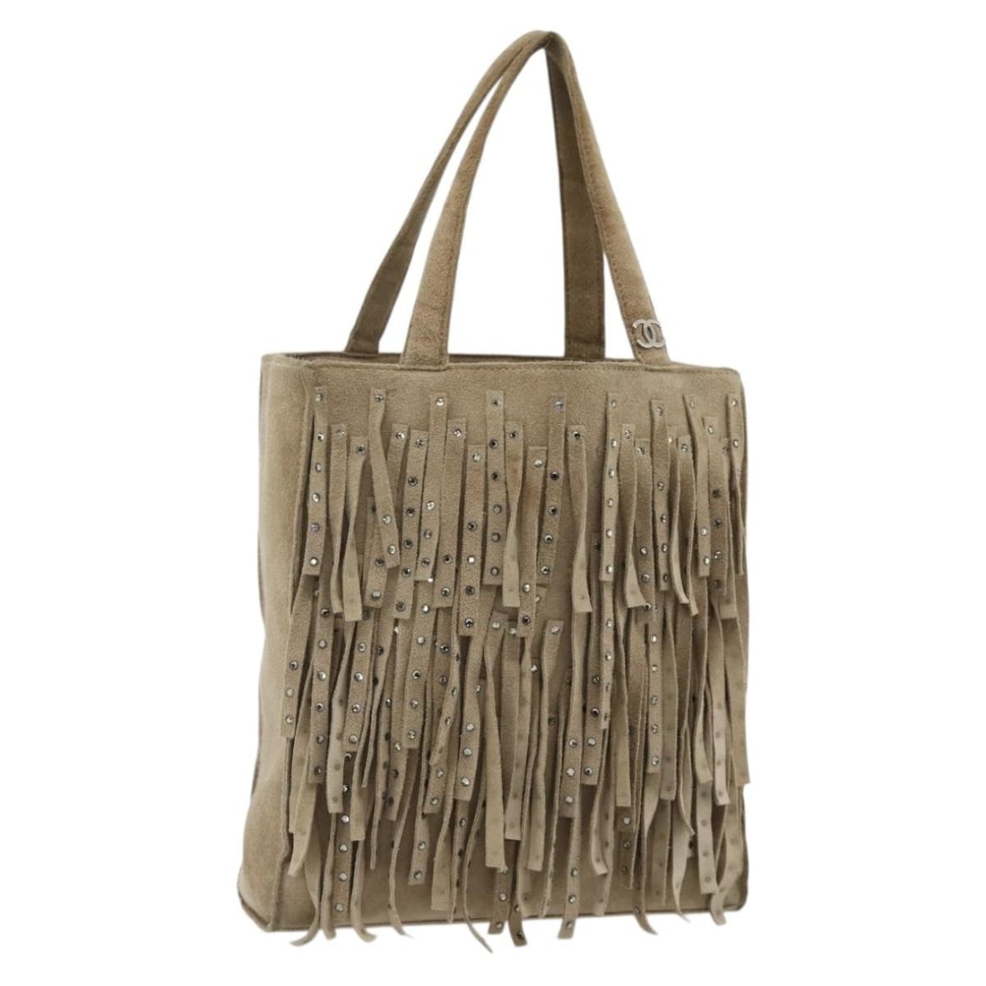 Chanel Beige Suede Handbag with Silver CC Guarantee Card: Chanel Beige Suede Handbag with Silver CC Guarantee Card A beige and silver CHANEL suede hand bag with a compact silhouette and handle drop of approximately 11 cm. It comes with a Guarantee Card and w
