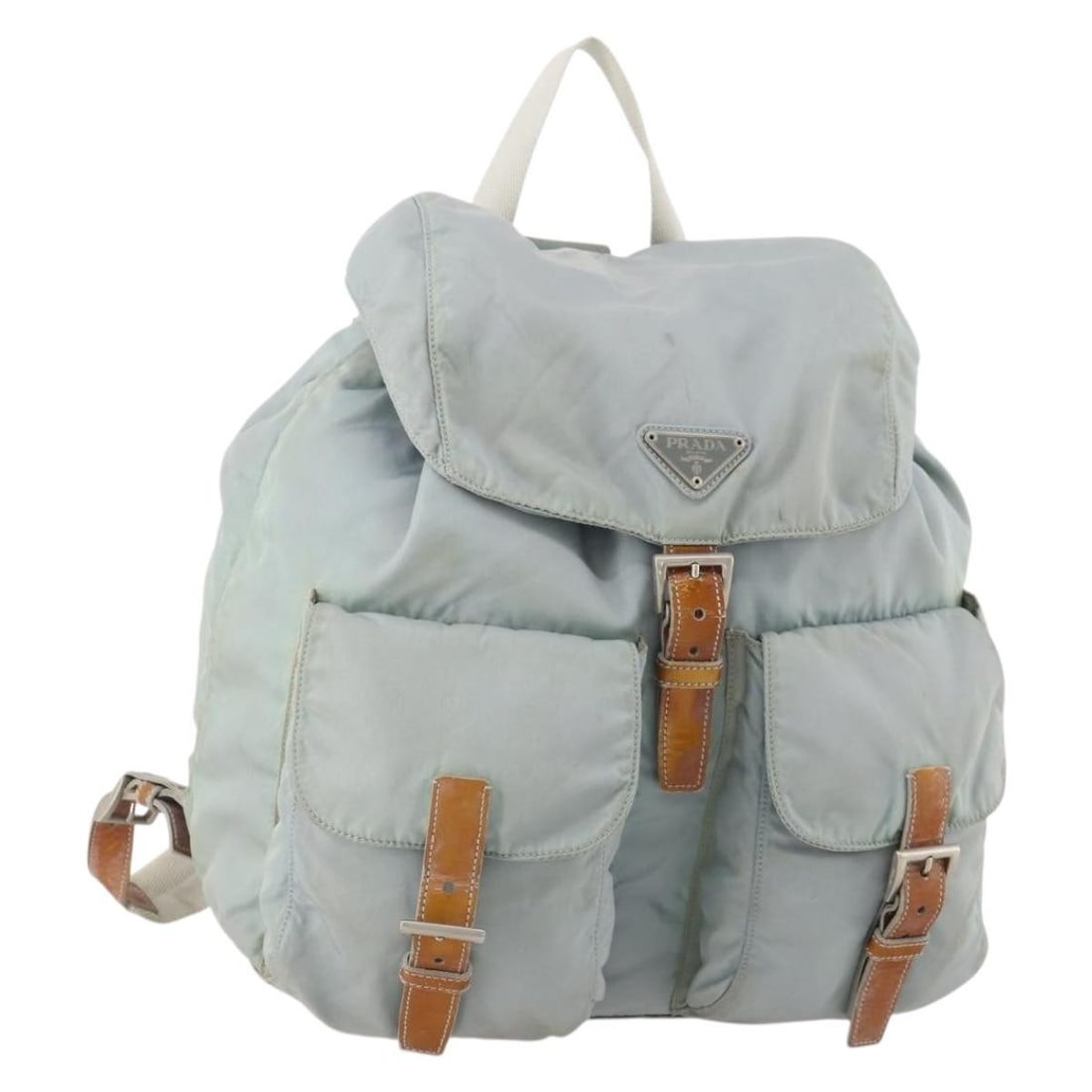 Prada Light Blue Nylon Women's Backpack with Silver Accents: Prada Light Blue Nylon Women's Backpack with Silver Accents This Prada backpack features a light blue nylon exterior with silver accents, designed for women. The backpack is made in Italy and offers a