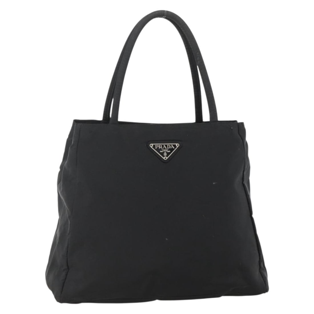 Prada Black Nylon Women's Handbag with Silver Tone Accents: Prada Black Nylon Women's Handbag with Silver Tone Accents This PRADA women's handbag is crafted from black nylon with silver-tone accents. Made in Italy, it features a handle drop of approximately 6.