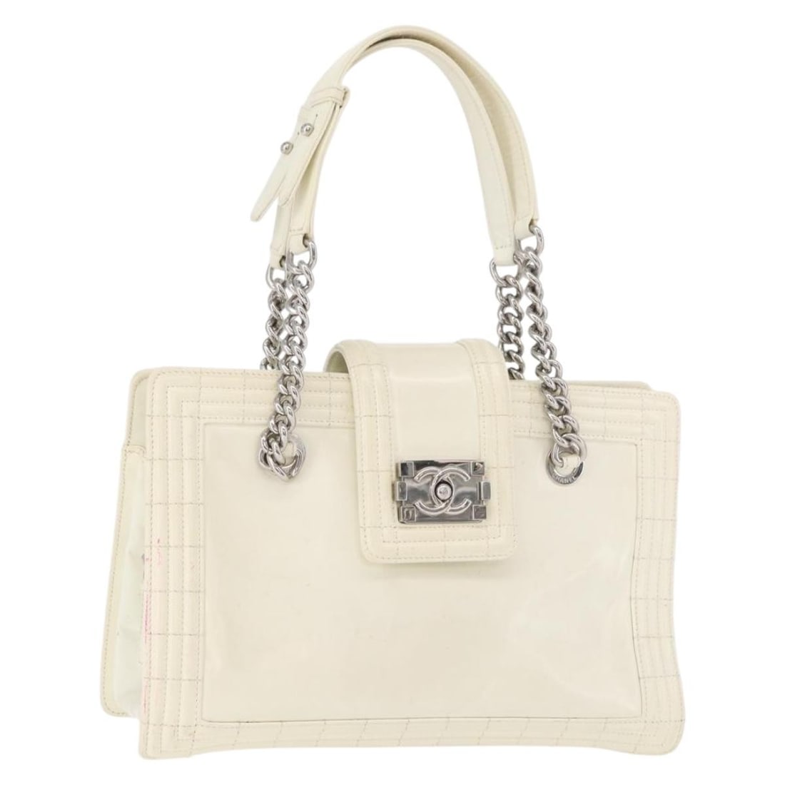 CHANEL Boy Chanel Patent Leather Shoulder Bag White Silver: CHANEL Boy Chanel Patent Leather Shoulder Bag White Silver A CHANEL Chain Boy shoulder bag crafted in patent leather with a white and silver exterior. Made in Italy, it measures approximately 12.6 x 8