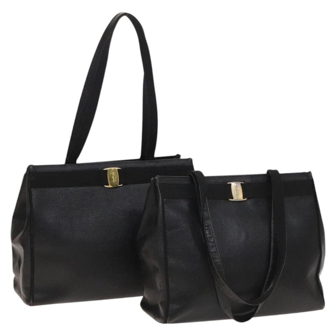 Salvatore Ferragamo Black Leather Tote Bag 2Set Authentic: Salvatore Ferragamo Black Leather Tote Bag 2Set Authentic This Salvatore Ferragamo tote bag is a stylish accessory made from high-quality leather in a classic black color. Designed for practicality an