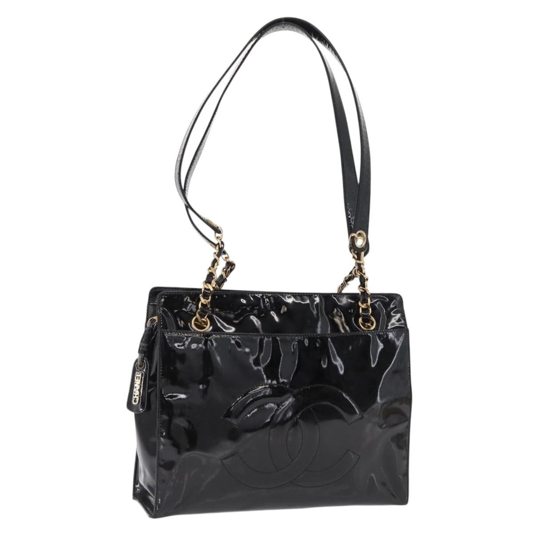 CHANEL Coco Mark Patent Leather Shoulder Bag Black Gold: CHANEL Coco Mark Patent Leather Shoulder Bag Black Gold A CHANEL Coco Mark shoulder bag in black and gold patent leather, made in Italy. The bag features a shoulder strap with an approximate 14.2 inch