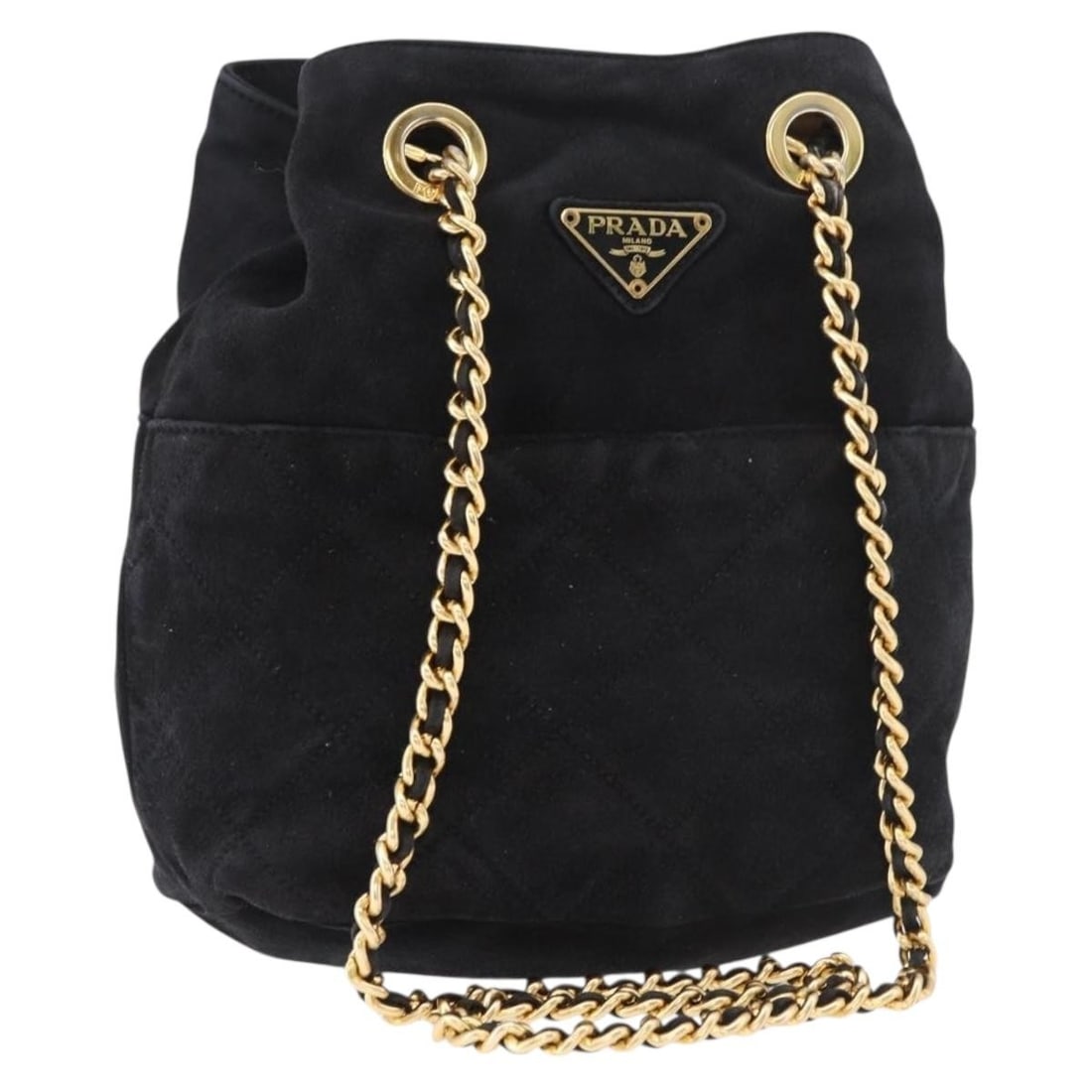 Prada suede shoulder bag with chain strap black and gold: Prada suede shoulder bag with chain strap black and gold Prada chain shoulder bag in black suede with gold-tone hardware. Made in Italy, this shoulder bag measures approximately W20 cm x H23 cm x D13 