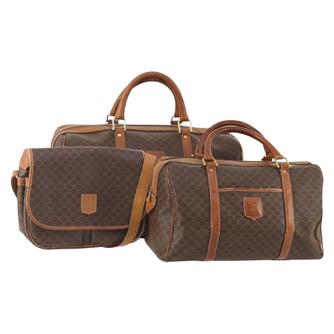 Set of 3 Celine Macadam Boston Bags in Brown PVC Leather: Set of 3 Celine Macadam Boston Bags in Brown PVC Leather CELINE Boston bag in brown PVC leather and Macadam canvas. This special set sale includes a padlock, two keys, and a clochette. Made in Italy. 