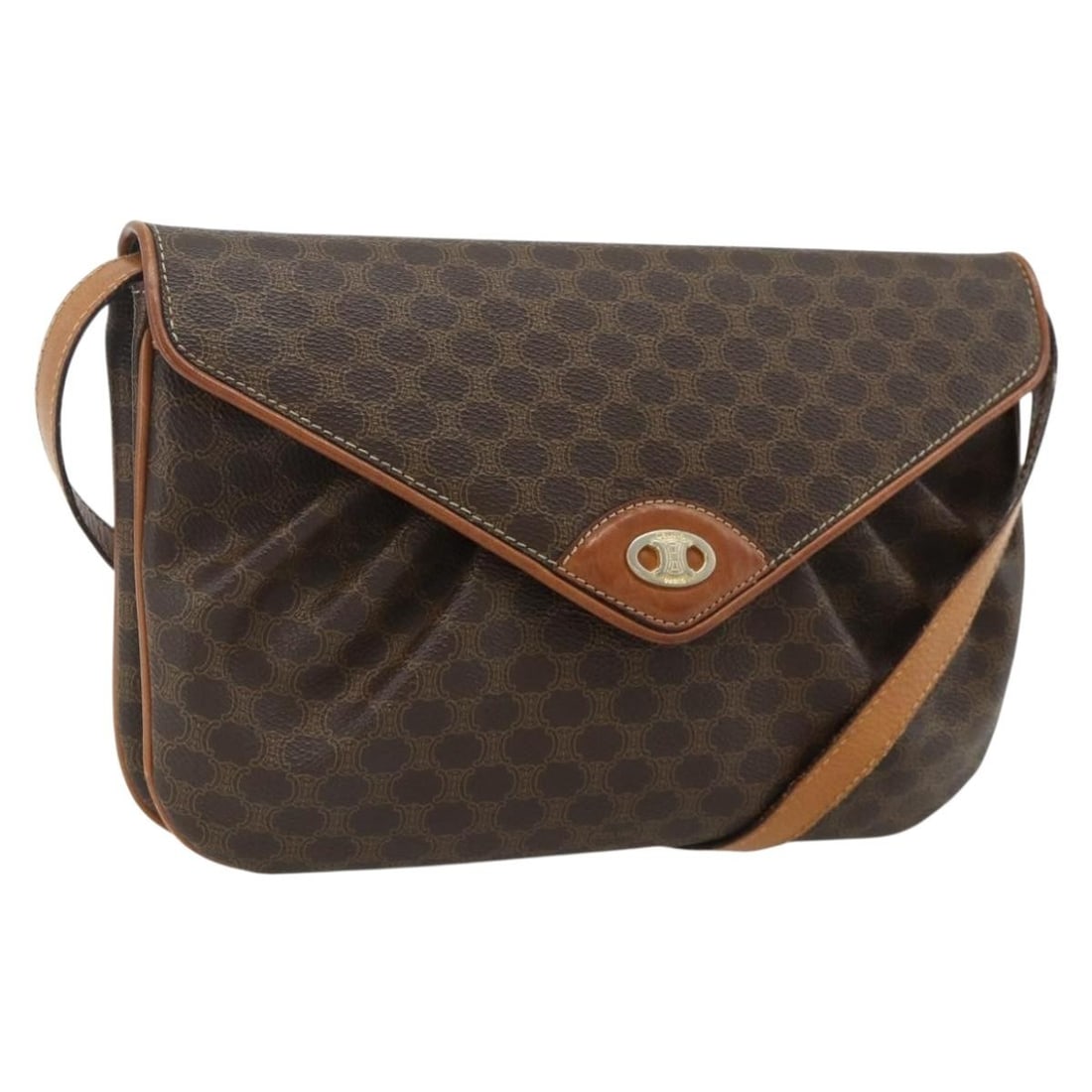 Celine Macadam Canvas PVC Leather Shoulder Bag Brown Gold Tone: Celine Macadam Canvas PVC Leather Shoulder Bag Brown Gold Tone Celine Macadam Canvas shoulder bag in brown and gold, made from PVC leather and Macadam canvas. It features a shoulder drop of approximat