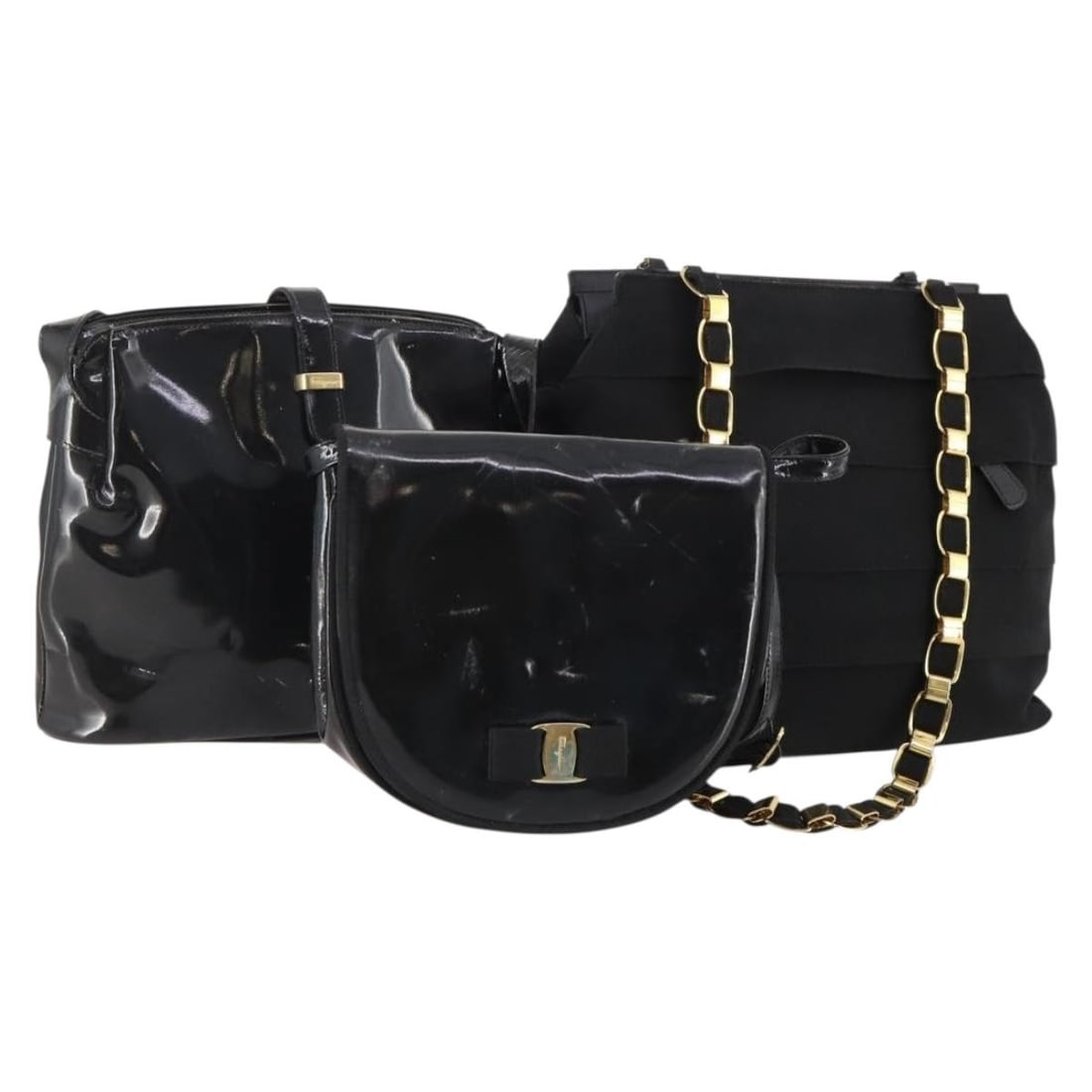 3 Piece Black Canvas Patent Leather Shoulder Bag Set Salvatore Ferragamo (1 of 18)