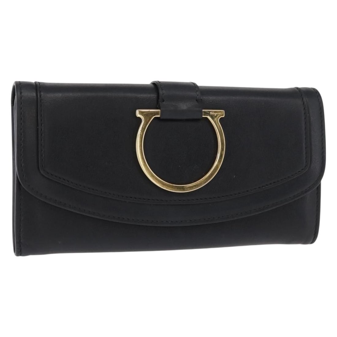 Salvatore Ferragamo Gancini black gold leather long wallet box: Salvatore Ferragamo Gancini black gold leather long wallet box This Salvatore Ferragamo Gancini long wallet is crafted from black leather with gold-tone accents. It features a sleek, elongated design 