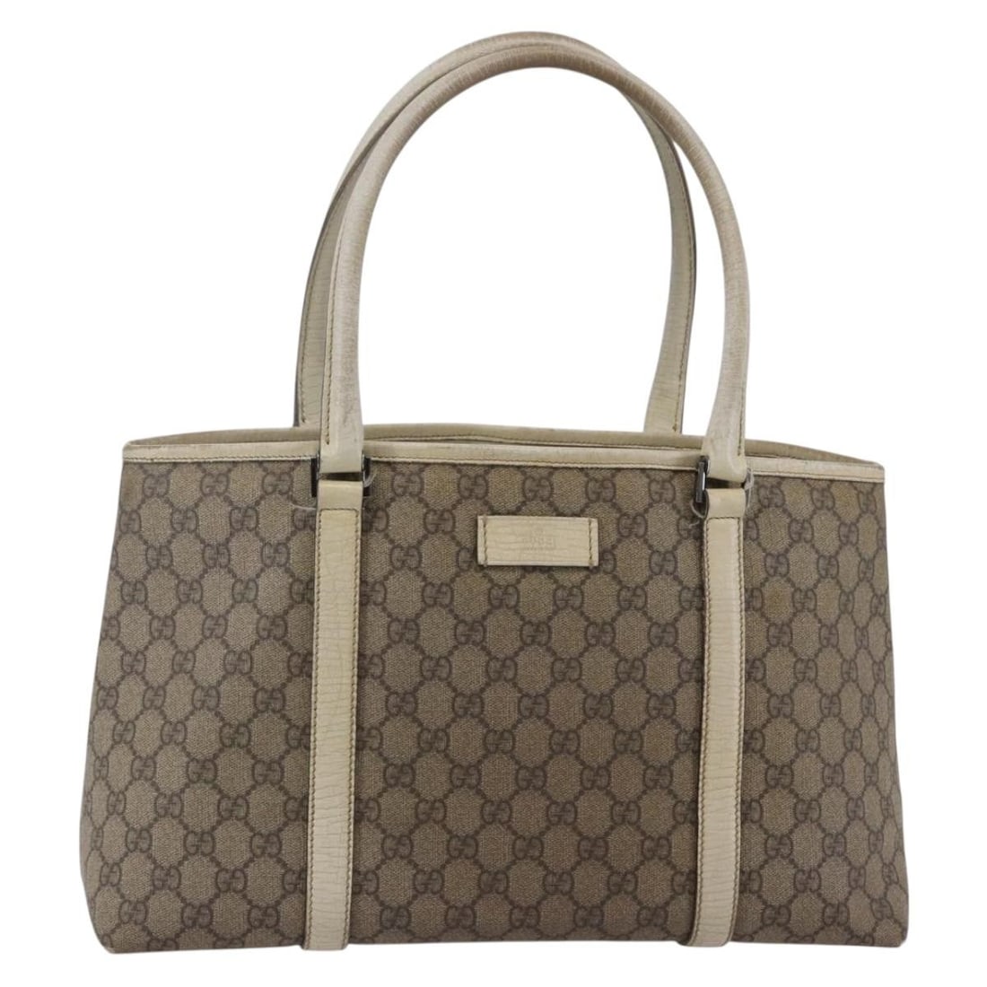 Gucci GG Supreme PVC Leather Tote Beige Silver 114595: Gucci GG Supreme PVC Leather Tote Beige Silver 114595 This GUCCI GG Supreme Tote Bag features a beige and silver color scheme with PVC leather and GG canvas exterior. Designed for women, the tote offe