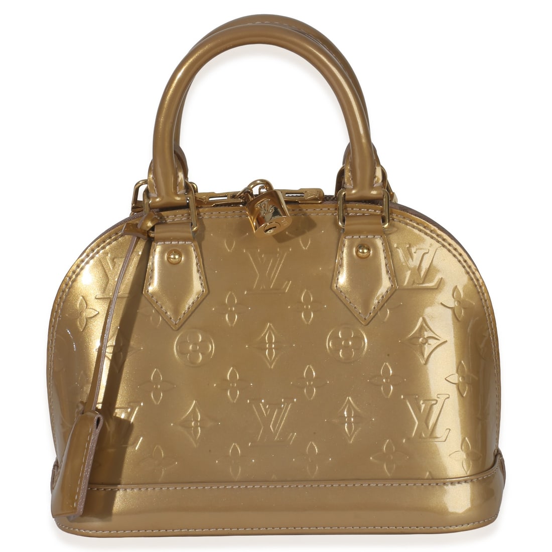 Louis Vuitton Alma BB Patent Leather Top Handle Bag: Louis Vuitton Alma BB Patent Leather Top Handle Bag This pre-owned Louis Vuitton Beige Poudre Monogram Vernis Alma BB handbag features a patent leather exterior in a gold tone and a beige canvas linin