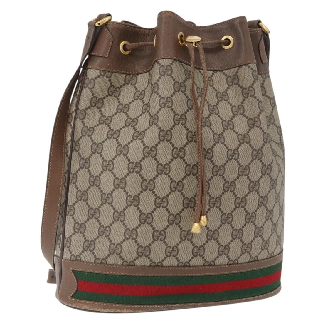 Gucci 41 02 085 GG Supreme Sherry Web PVC Shoulder Bag: Gucci 41 02 085 GG Supreme Sherry Web PVC Shoulder Bag Gucci GG Supreme Web Sherry Line shoulder bag in beige and gold PVC leather with GG canvas construction. Made in Italy, this women's bag features