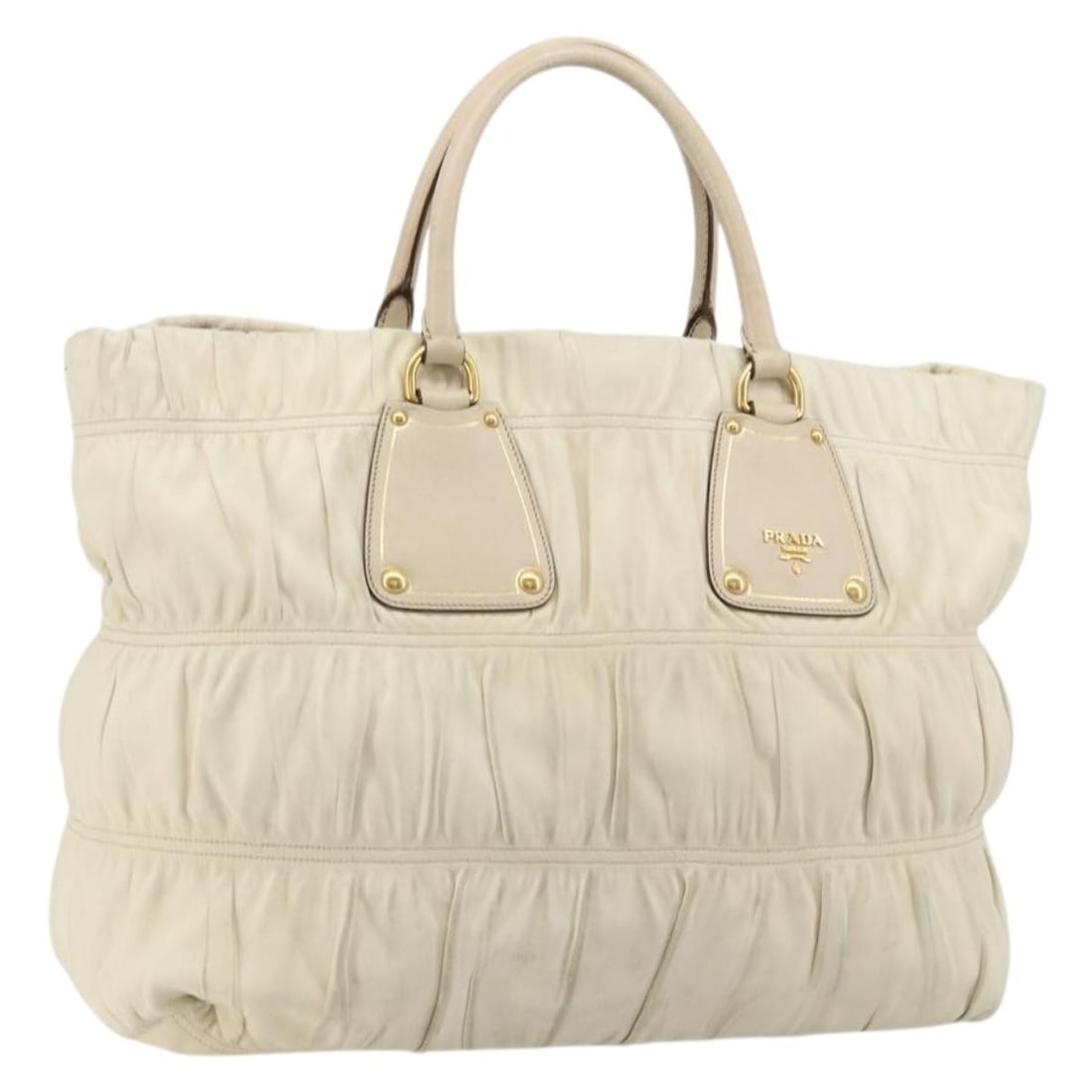 Prada Leather Handbag Ivory with Gold Tone Hardware and Card: Prada Leather Handbag Ivory with Gold Tone Hardware and Card PRADA hand bag in ivory and gold leather, made in Italy. It comes with a guarantee card and has a handle drop of approximately 13 cm (5.1 i