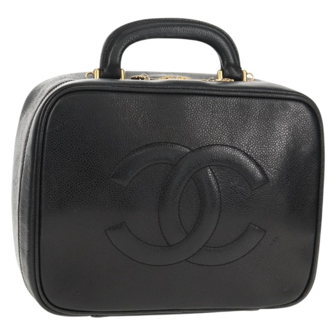 CHANEL Coco Mark Vanity Hand Bag Black Caviar Skin Gold CC: CHANEL Coco Mark Vanity Hand Bag Black Caviar Skin Gold CC This CHANEL Coco Mark vanity handbag is crafted from grained calf skin/leather in black and gold. It is a women's hand bag made in Italy and 