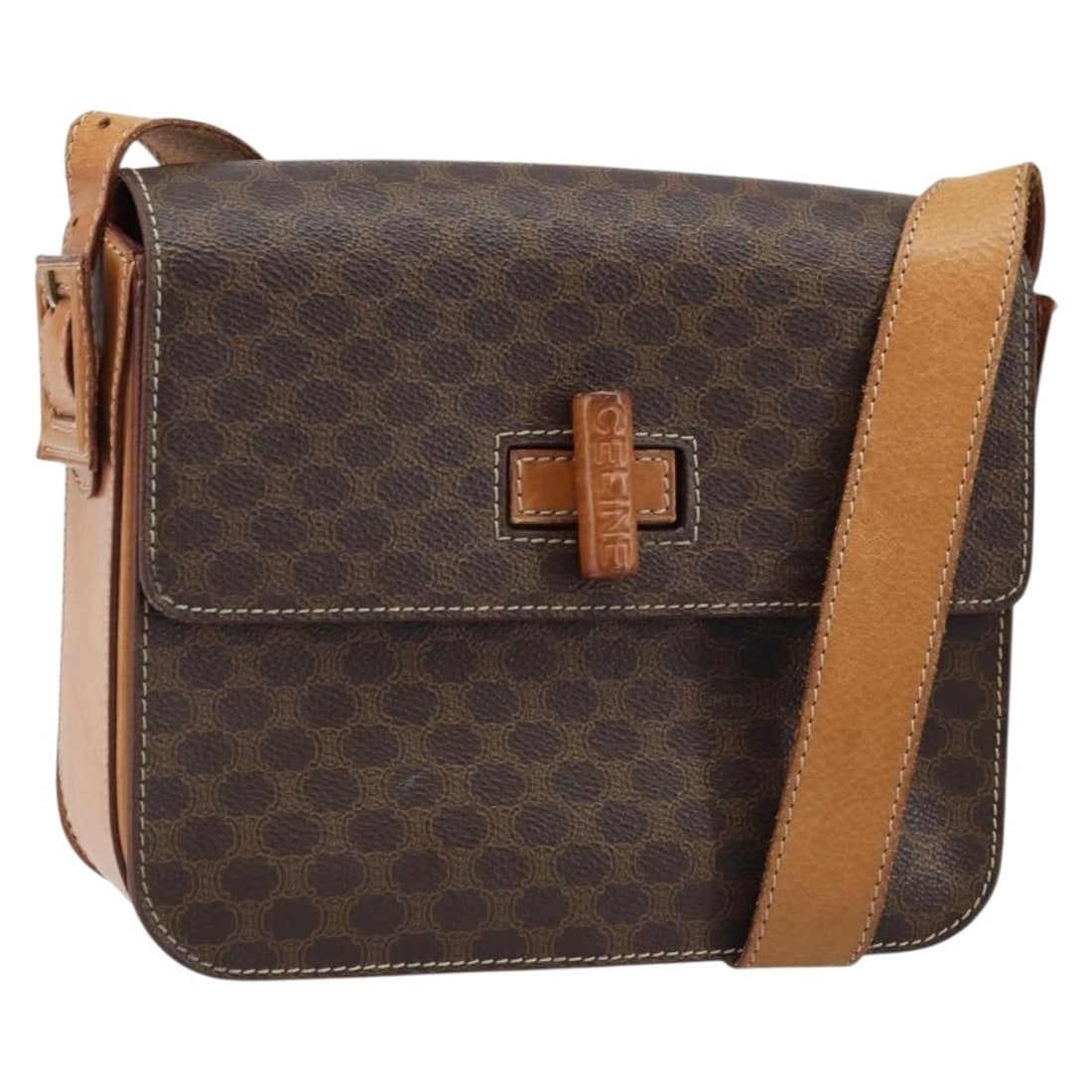 CELINE Macadam Canvas PVC Leather Shoulder Purse Brown Gold: CELINE Macadam Canvas PVC Leather Shoulder Purse Brown Gold Celine Macadam canvas shoulder bag in brown with gold-tone accents, crafted with PVC leather trim. Made in Italy, this women's shoulder bag 