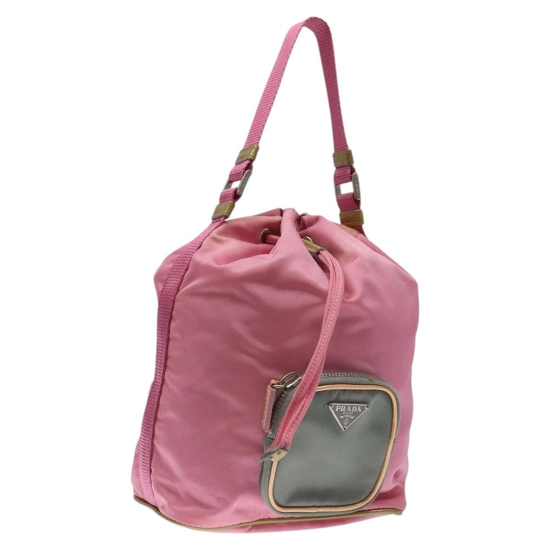 Prada Pink Silver Nylon Handbag Italy 9.1in 6.3in: Prada Pink Silver Nylon Handbag Italy 9.1in 6.3in This PRADA women's handbag features a pink and silver nylon exterior, crafted in Italy. The bag has a structured design with approximate dimensions of