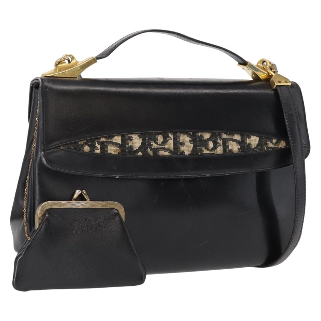 Christian Dior Trotter 2way Shoulder Bag Black Canvas with Strap Pouch: Christian Dior Trotter 2way Shoulder Bag Black Canvas with Strap Pouch Christian Dior shoulder bag in Trotter Canvas with a black and gold exterior. This 2way design is made for women and comes with a