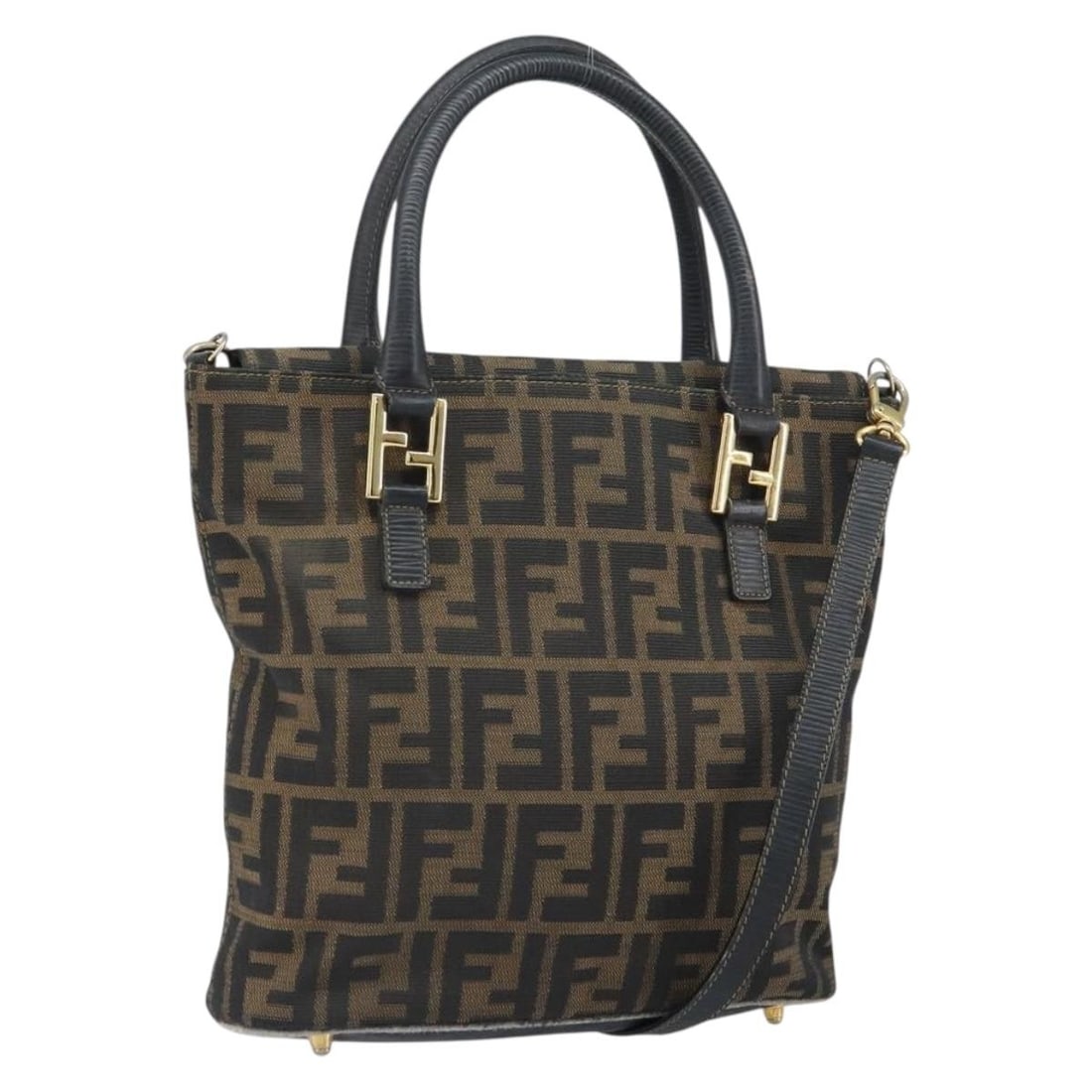 Fendi Zucca Canvas Two Way Black Brown Gold Handbag With Shoulder Strap: Fendi Zucca Canvas Two Way Black Brown Gold Handbag With Shoulder Strap This FENDI Zucca Canvas hand bag features a versatile 2-way design in black, brown, and gold tones. Crafted from signature Zucca