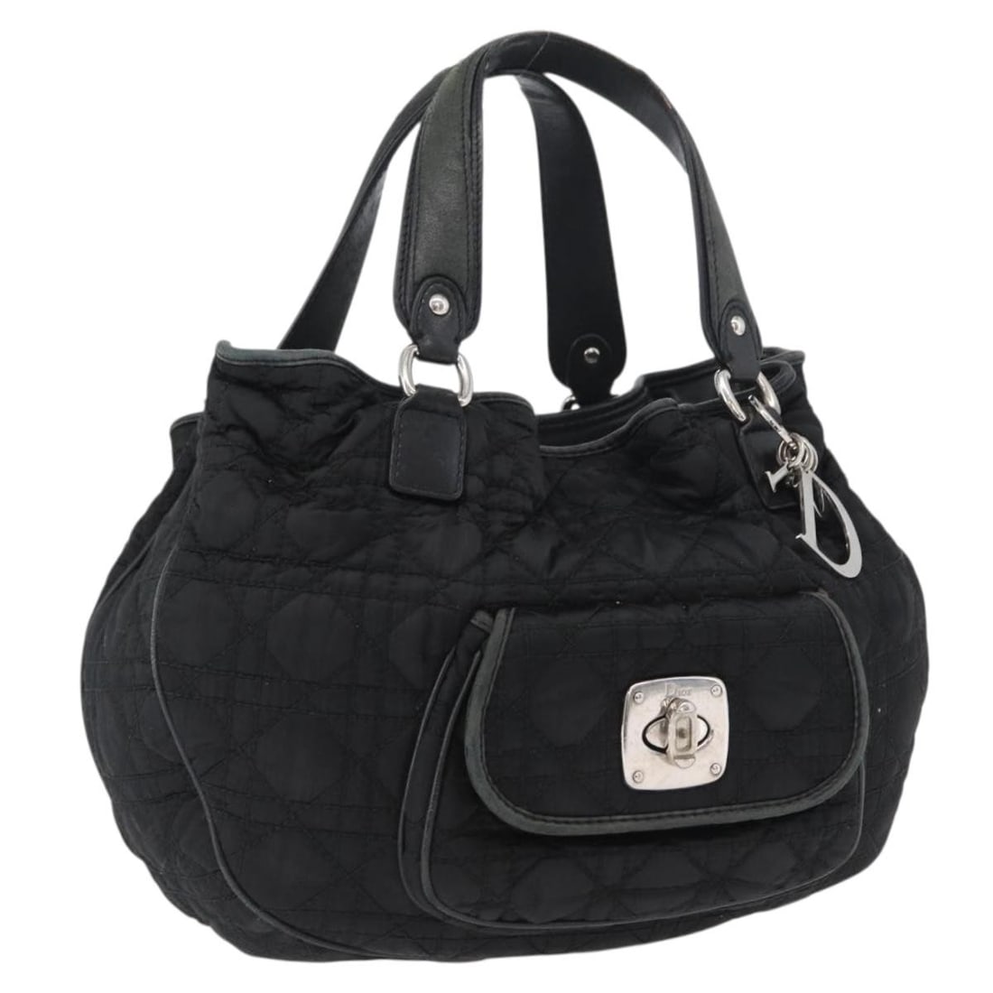 Christian Dior nylon black silver handbag with charm and guarantee card: Christian Dior nylon black silver handbag with charm and guarantee card This Christian Dior handbag is crafted from black nylon with silver-tone accents, offering a stylish and practical accessory for