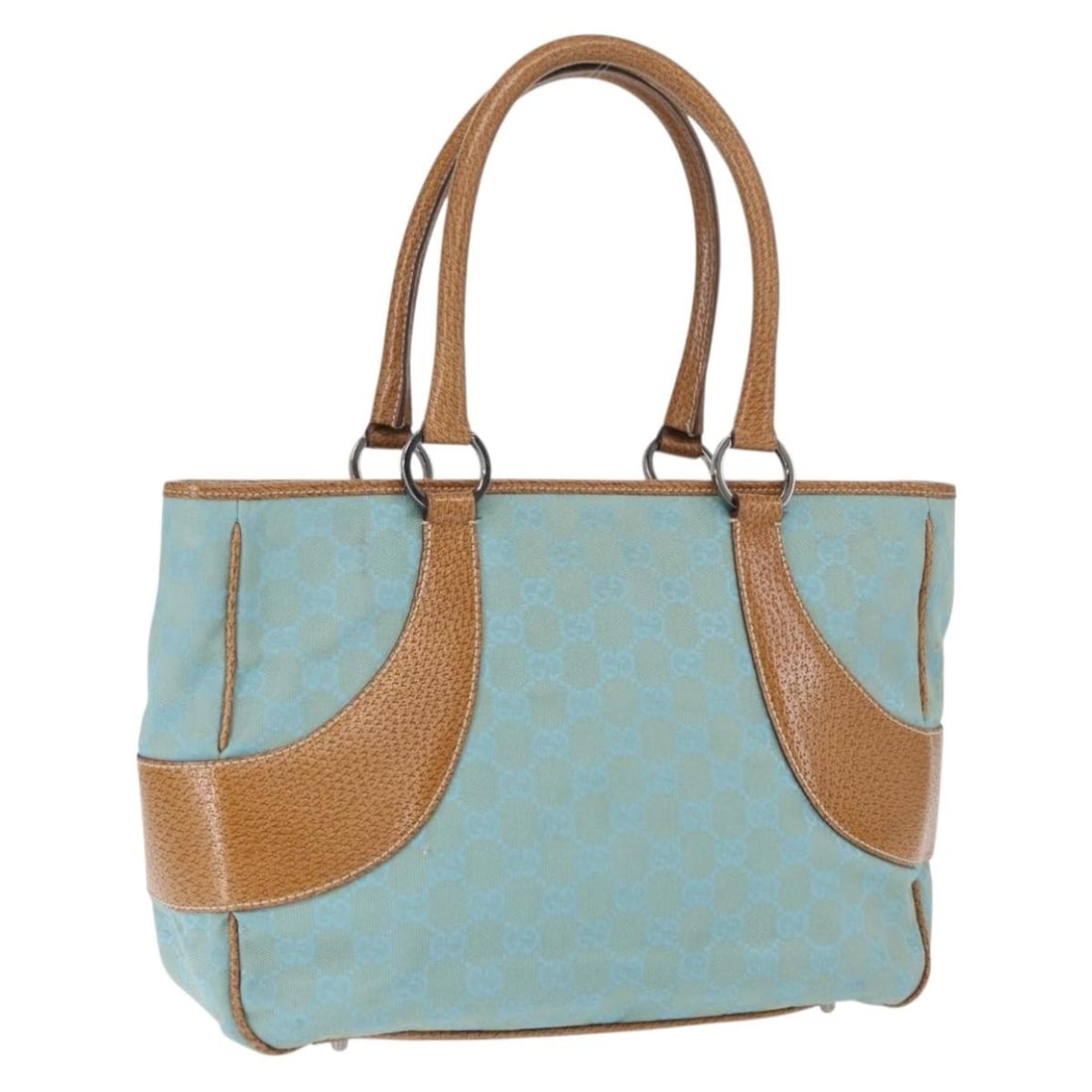 Gucci 113011 GG Canvas Handbag Turquoise Blue Silver Tone: Gucci 113011 GG Canvas Handbag Turquoise Blue Silver Tone Gucci GG Canvas hand bag in turquoise blue and silver, made in Italy. It is crafted from GG canvas and measures approximately W31 cm x H22 cm 