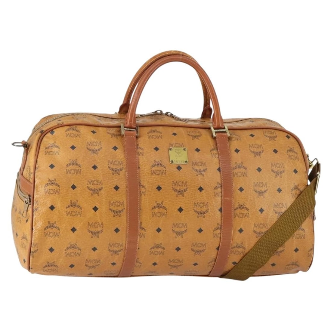 MCM Vicetos 2way Boston Bag Brown PVC Leather Shoulder Strap: MCM Vicetos 2way Boston Bag Brown PVC Leather Shoulder Strap MCM Vicetos logogram Boston Bag in brown and gold PVC leather, presented in a 2-way style with a shoulder strap accessory. Made in Germany,