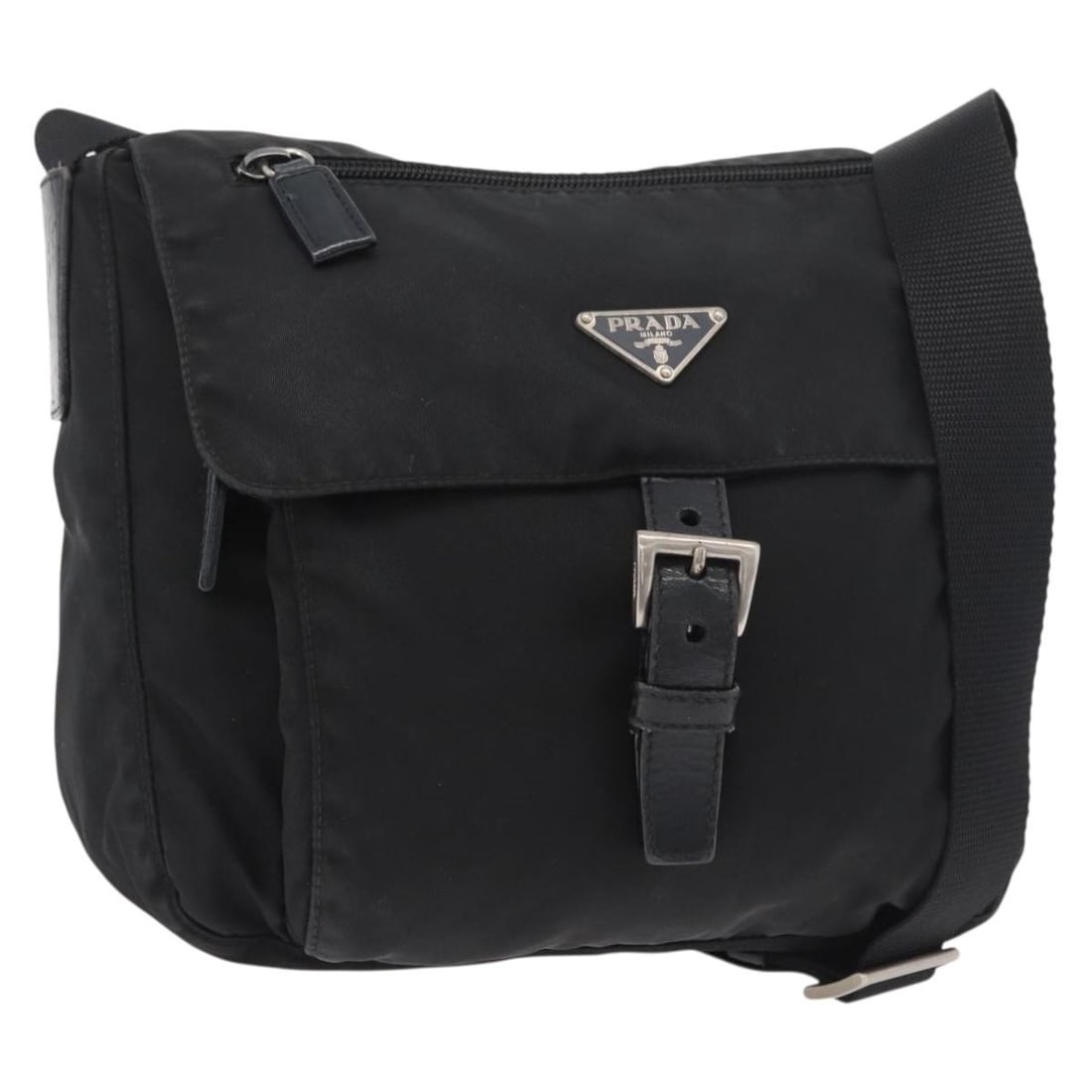 PRADA Black Nylon Shoulder Bag Silver Tone Italy: PRADA Black Nylon Shoulder Bag Silver Tone Italy Black Prada shoulder bag in nylon with silver-tone metal fittings. Made in Italy, this item measures approximately W22 cm x H20 cm x D8 cm, with a shou