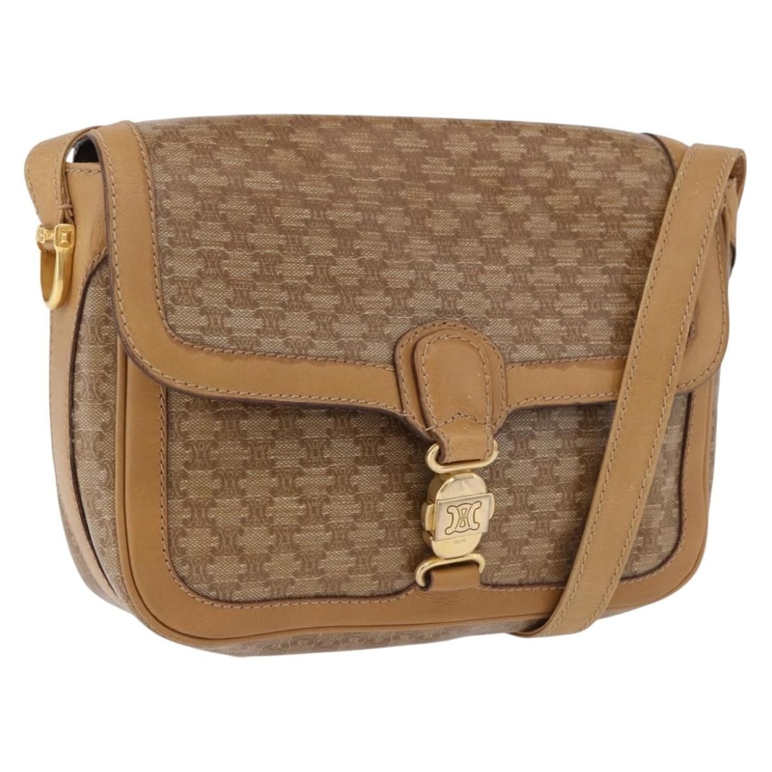 CELINE Macadam Shoulder Bag in Beige PVC Leather Gold Tone: CELINE Macadam Shoulder Bag in Beige PVC Leather Gold Tone A CELINE shoulder bag in PVC leather and Macadam canvas, presented in beige and gold. Made in Italy, it measures approximately 22 cm wide, 17